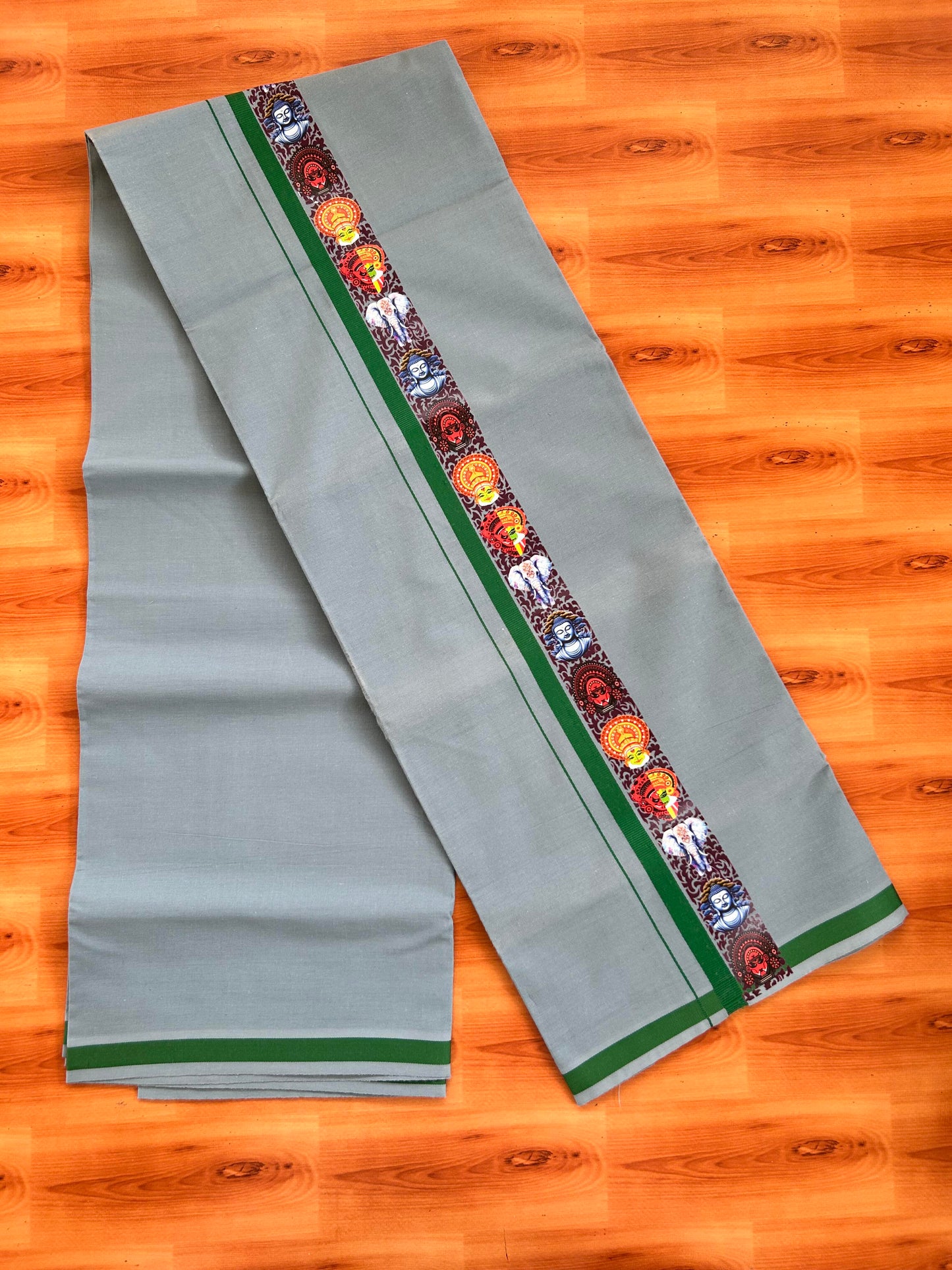 Single Kaily / Lungi- 20% Discount !! Kaitharikada - Pure Cotton - (40s) - 0.5 inch Light Green Kara Multi Printed Design Kara with Ash Blue colour Body (2 meter / 4 muzham) - 37 KK8062 GAN