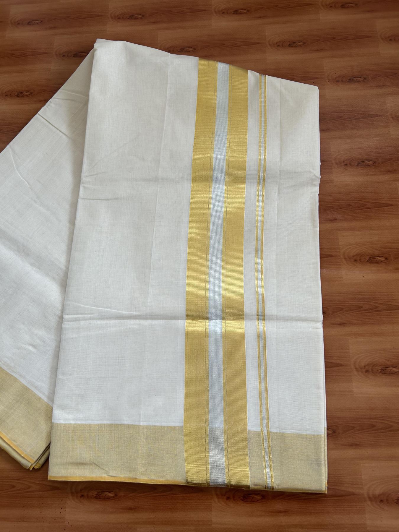 Kerala Saree for Women - 25% Discount KaithariKada Handloom Millpaav Balaramapuram - 100% Pure Cotton - 3 inch Gold & Silver Kasav striped Kara - 14 KK7158 RAV