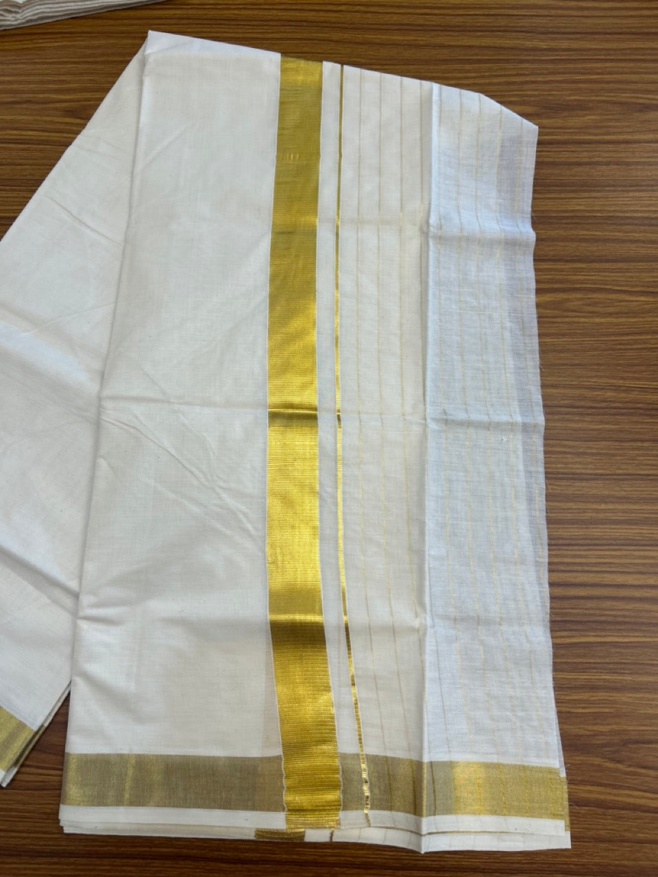 20% DISCOUNT! Kaitharikada Balaramapuram 100% Cotton OFF WHITE Double Mundu/Dothi - 60s - 8 Inch Gold Kasav Stripes Kara 4 mtr (8.5 muzham) - 5 KK5281 GAN