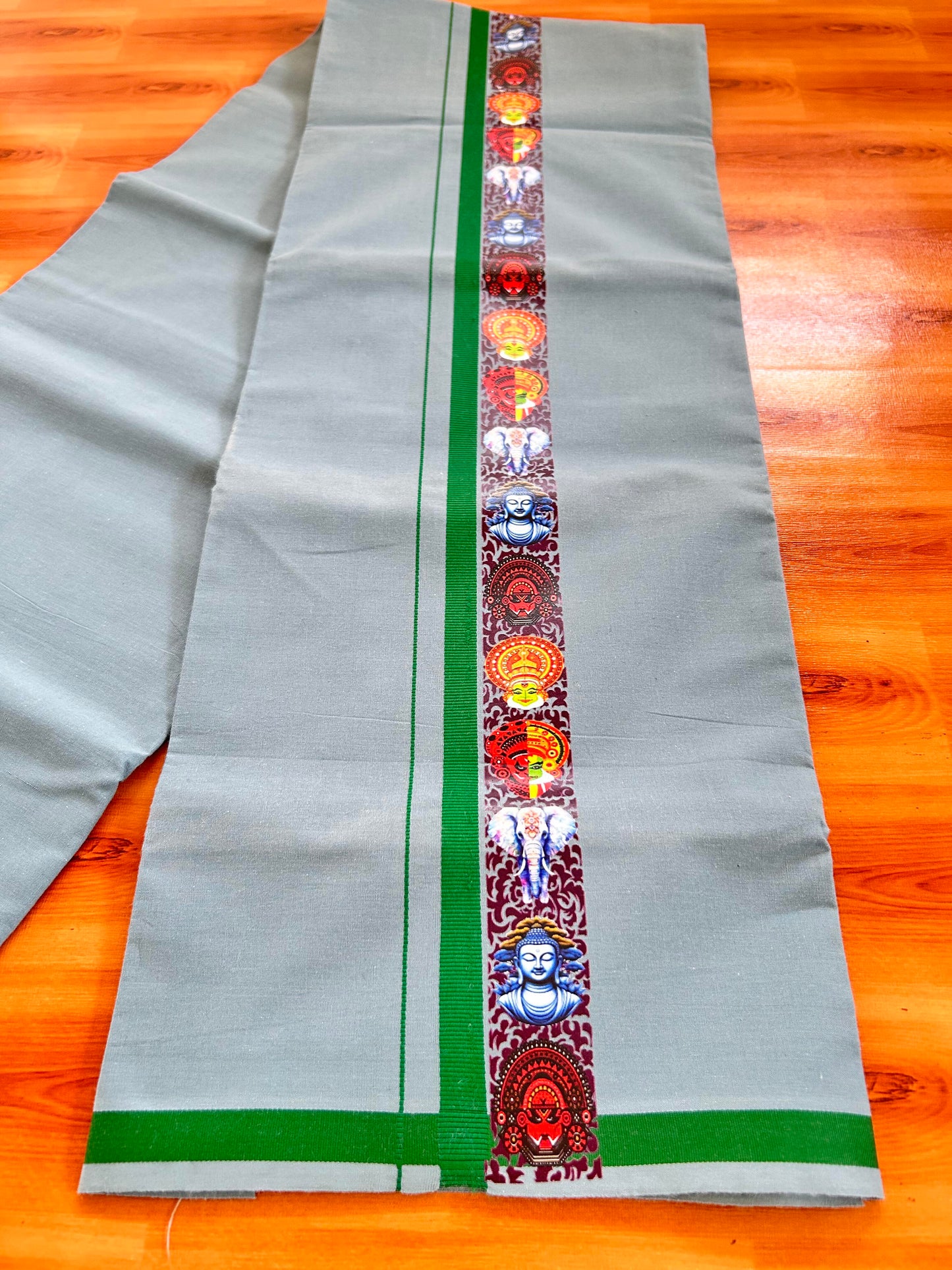 Single Kaily / Lungi- 20% Discount !! Kaitharikada - Pure Cotton - (40s) - 0.5 inch Light Green Kara Multi Printed Design Kara with Ash Blue colour Body (2 meter / 4 muzham) - 37 KK8062 GAN