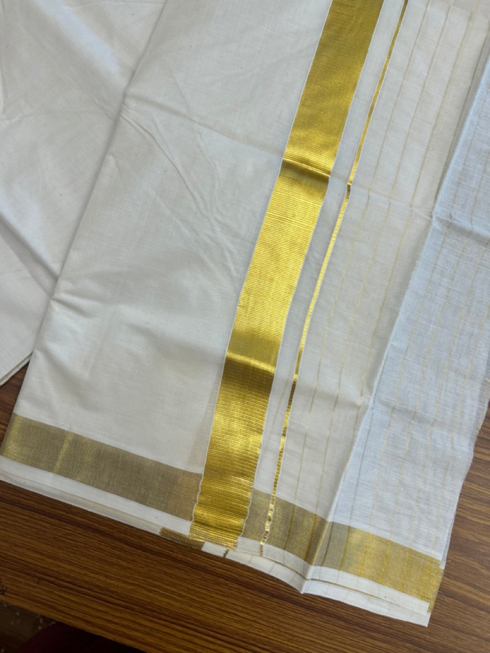 20% DISCOUNT! Kaitharikada Balaramapuram 100% Cotton OFF WHITE Double Mundu/Dothi - 60s - 8 Inch Gold Kasav Stripes Kara 4 mtr (8.5 muzham) - 5 KK5281 GAN