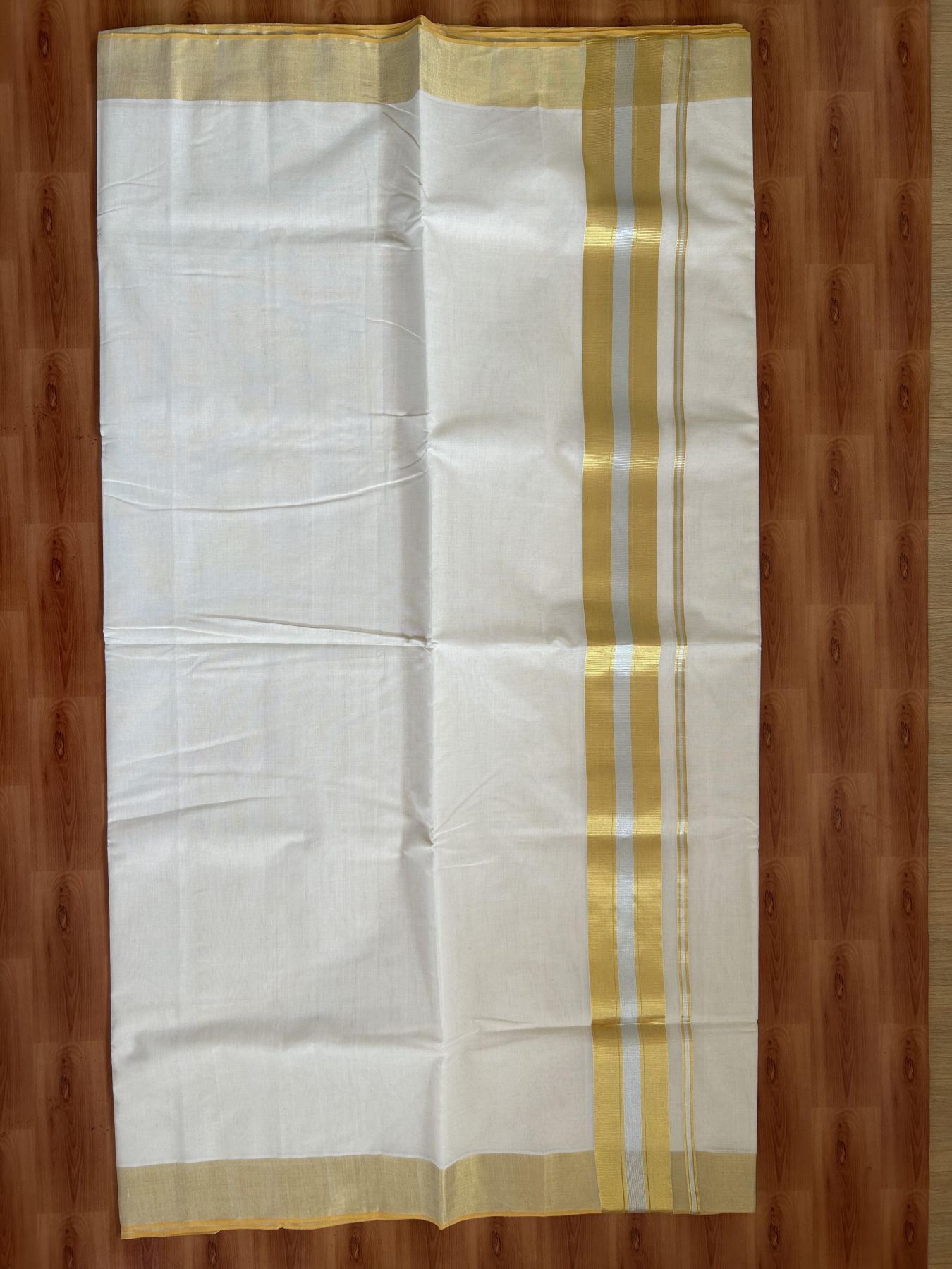 Kerala Saree for Women - 25% Discount KaithariKada Handloom Millpaav Balaramapuram - 100% Pure Cotton - 3 inch Gold & Silver Kasav striped Kara - 14 KK7158 RAV
