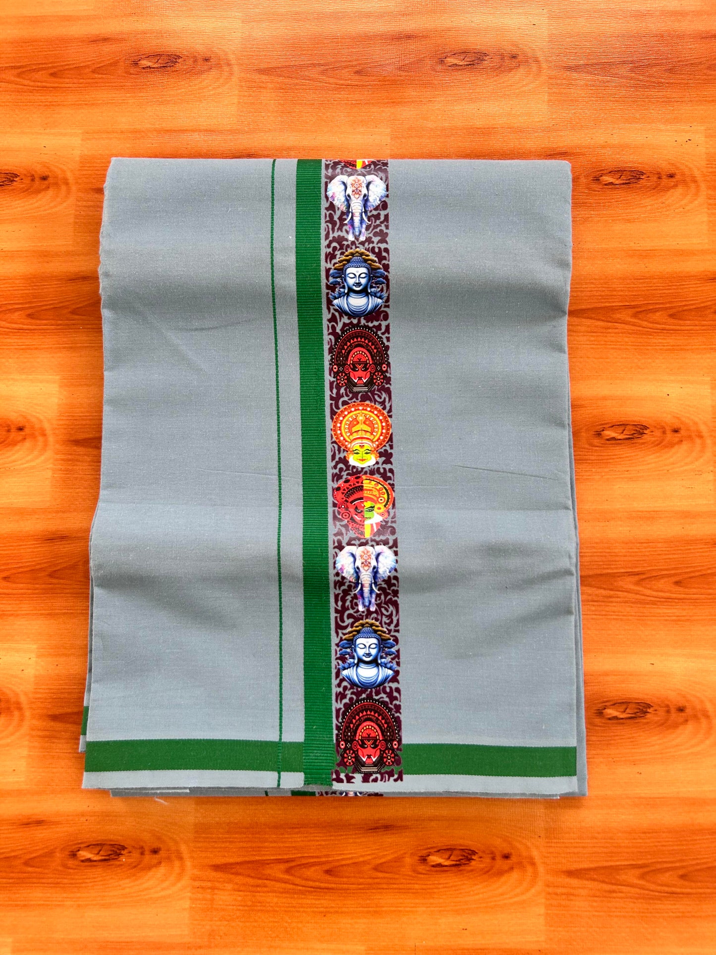 Single Kaily / Lungi- 20% Discount !! Kaitharikada - Pure Cotton - (40s) - 0.5 inch Light Green Kara Multi Printed Design Kara with Ash Blue colour Body (2 meter / 4 muzham) - 37 KK8062 GAN