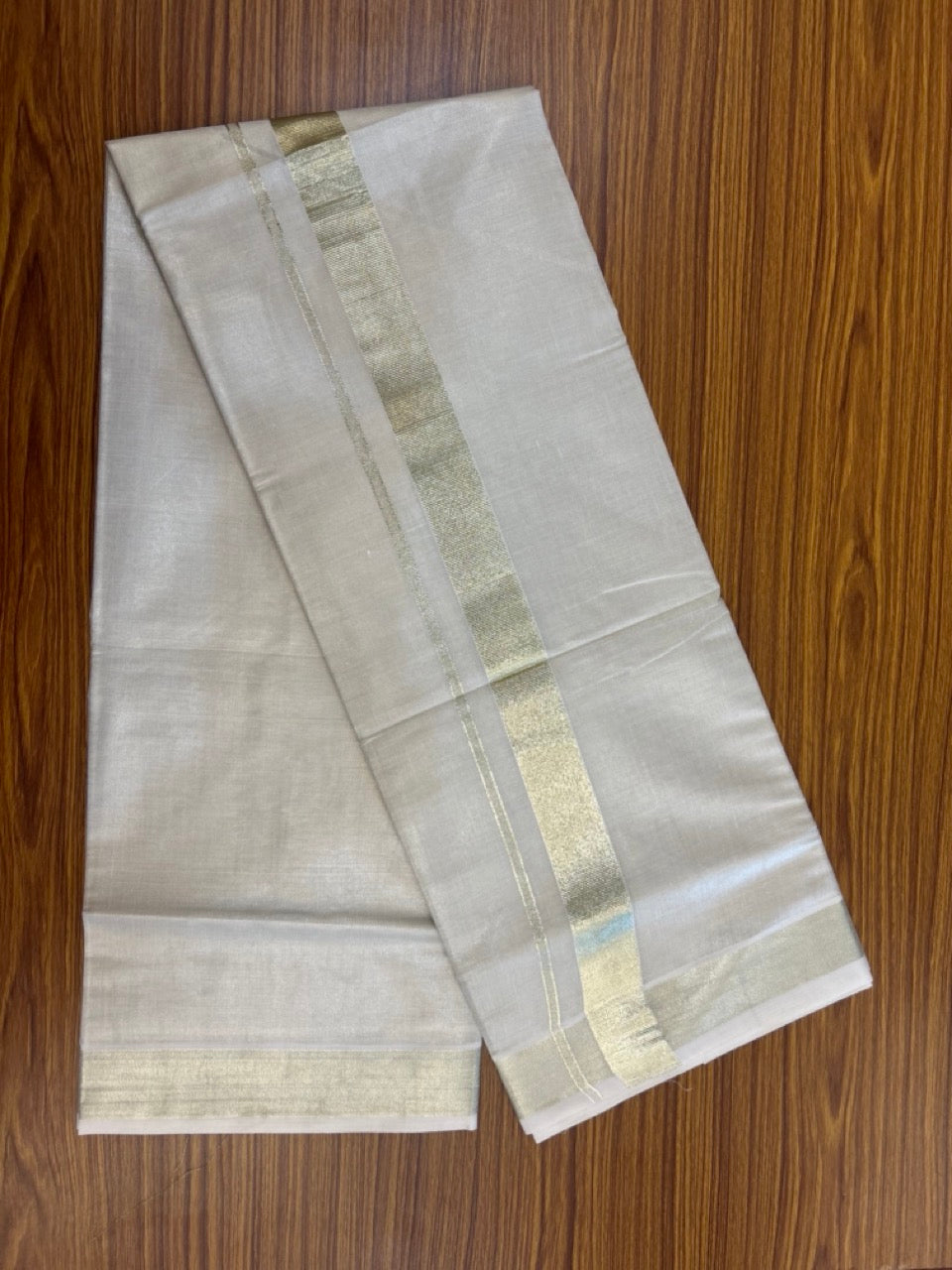 20% Discount! KaithariKada Balaramapuram Cotton Mix (60)s - Light Gold Kasav TISSUE Double Dhoti/Mund 1.5 inch Light Gold kara 4 mtr (8.5 muzham) -19 KK5281 GAN