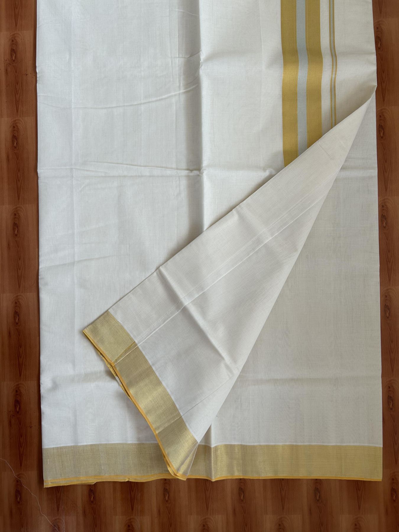 Kerala Saree for Women - 25% Discount KaithariKada Handloom Millpaav Balaramapuram - 100% Pure Cotton - 3 inch Gold & Silver Kasav striped Kara - 14 KK7158 RAV