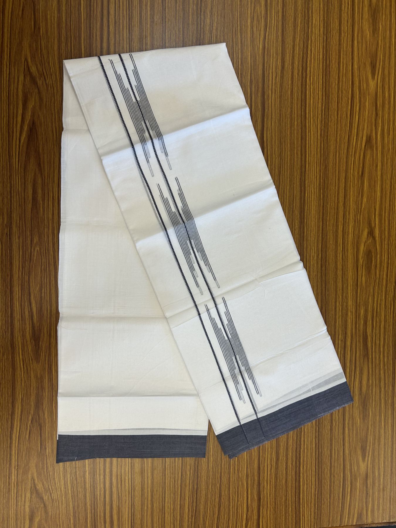 20% Discount ! Kaitharikada Balaramapuram 100% Cotton Pure White Double Mundu/Dothi - 100x80 - 1.5 inch Navy Blue Stripes Design Kara 3.80 mtr (8 muzham) - 18 KK5319 THI