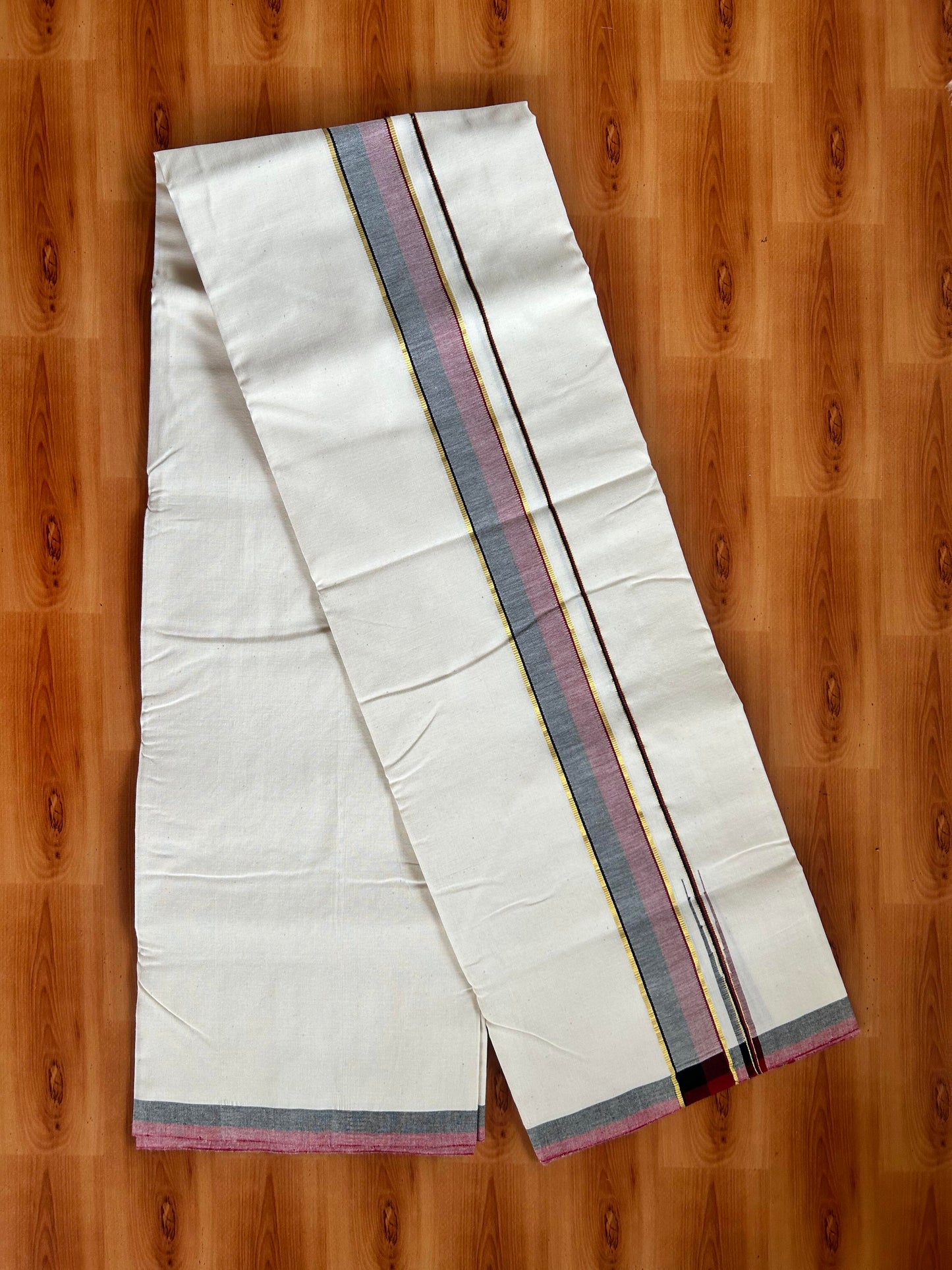 Signature Kaitharikada Exclusive Single Dhoti - 100% Cotton Kerala Handloom Single Mundu/Dhoti - Off White - (Unbleached) 1.75 Inch Gold Kasav Maroon & Black Shaded Chutty Kara (1.84 meters / 3.94 muzham) - 1 KK5464 KAI