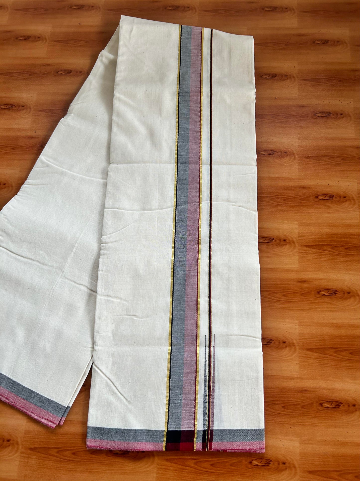 Signature Kaitharikada Exclusive Single Dhoti - 100% Cotton Kerala Handloom Single Mundu/Dhoti - Off White - (Unbleached) 1.75 Inch Gold Kasav Maroon & Black Shaded Chutty Kara (1.84 meters / 3.94 muzham) - 1 KK5464 KAI
