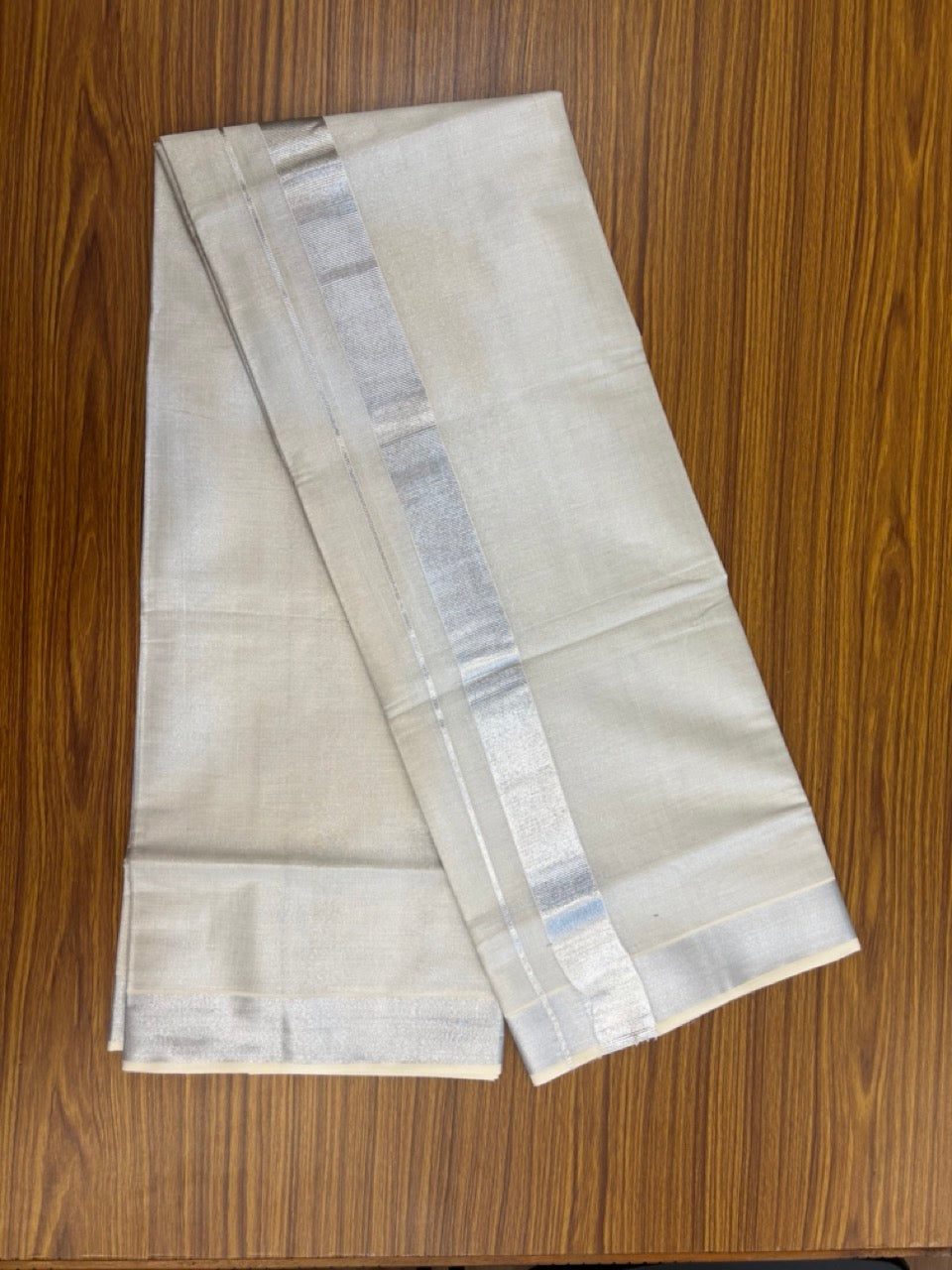 20% Discount! KaithariKada Balaramapuram Cotton Mix (60)s - Silver Kasav TISSUE Double Dhoti/Mund 1.5 inch Silver kara 4 mtr (8.5 muzham) - 18 KK5281 GAN