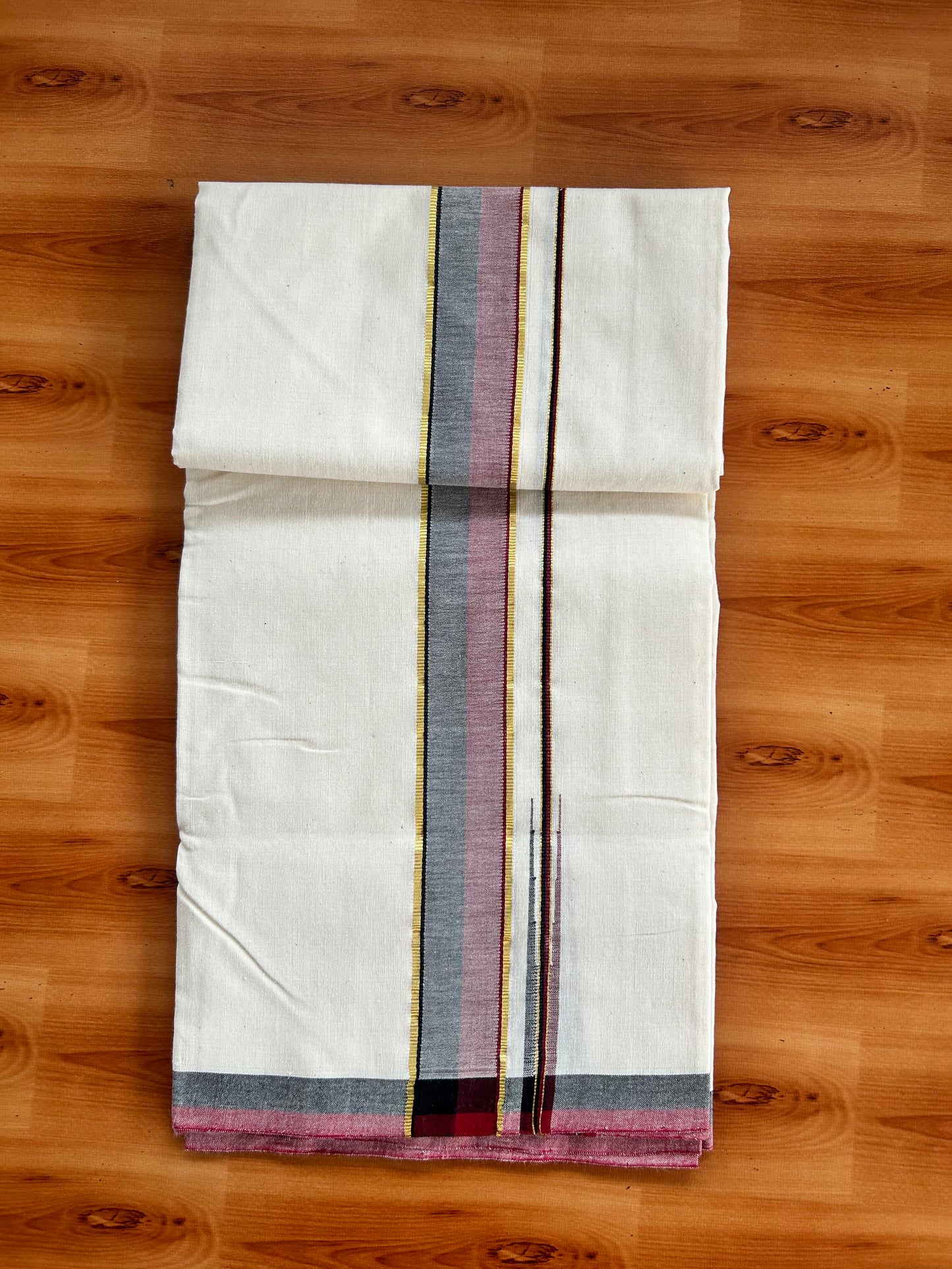 Signature Kaitharikada Exclusive Single Dhoti - 100% Cotton Kerala Handloom Single Mundu/Dhoti - Off White - (Unbleached) 1.75 Inch Gold Kasav Maroon & Black Shaded Chutty Kara (1.84 meters / 3.94 muzham) - 1 KK5464 KAI