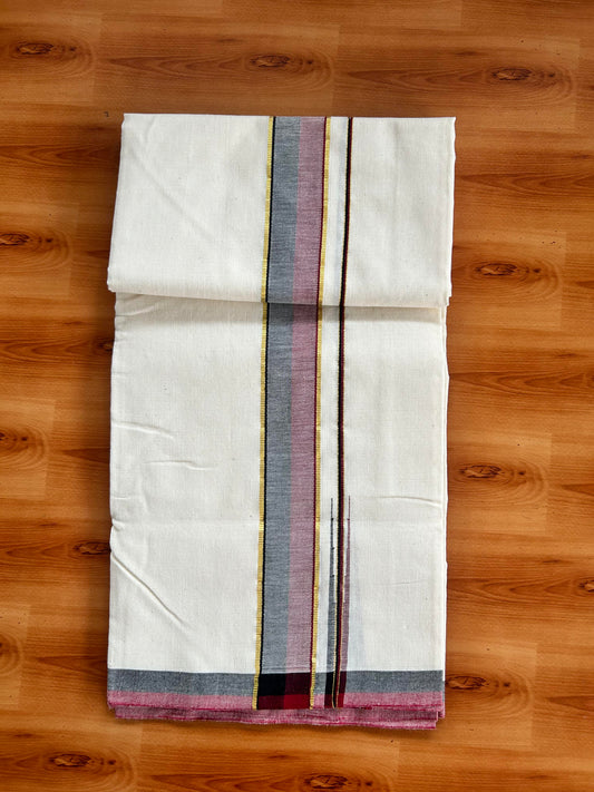 Signature Kaitharikada Exclusive Single Dhoti - 100% Cotton Kerala Handloom Single Mundu/Dhoti - Off White - (Unbleached) 1.75 Inch Gold Kasav Maroon & Black Shaded Chutty Kara (1.84 meters / 3.94 muzham) - 1 KK5464 KAI