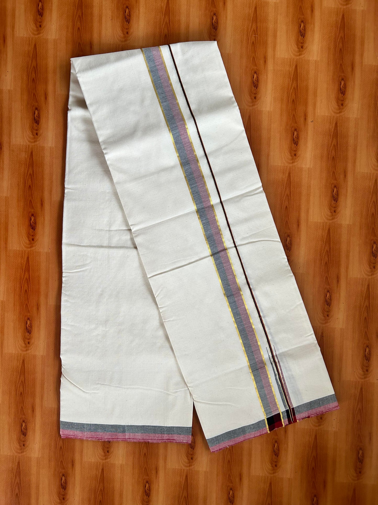 Signature Kaitharikada Exclusive Single Dhoti - 100% Cotton Kerala Handloom Single Mundu/Dhoti - Off White - (Unbleached) 1.25 Inch Gold Kasav Maroon & Black Shaded Chutty Kara (1.84 meters / 3.94 muzham) - 2 KK5464 KAI