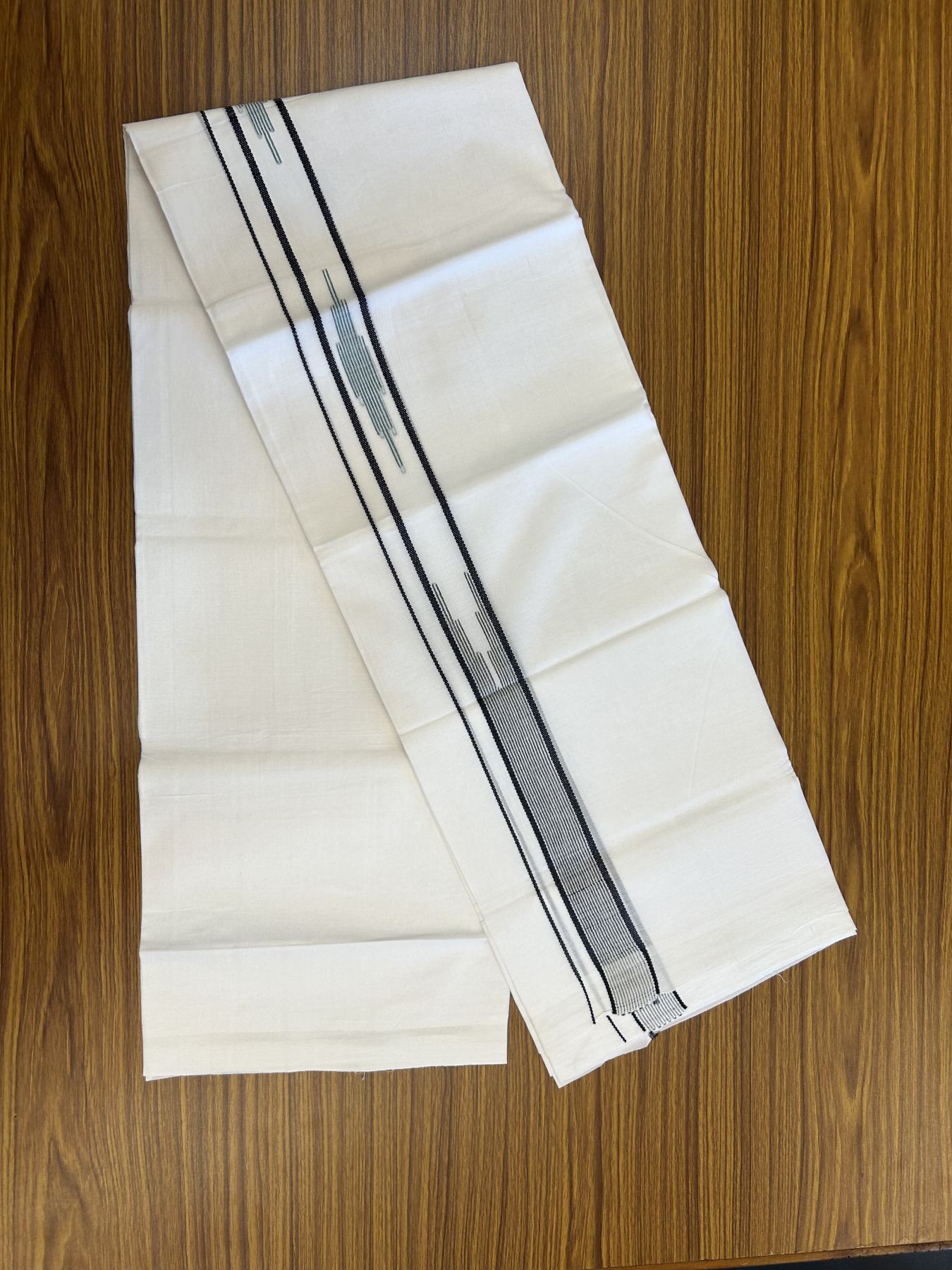 20% Discount ! Kaitharikada Balaramapuram 100% Cotton Pure White Double Mundu/Dothi - 100x80 - 1.5 inch Ash Black & Blue Green Stripes Design Chutty Kara 3.80 mtr (8 muzham) - 43 KK5319 THI