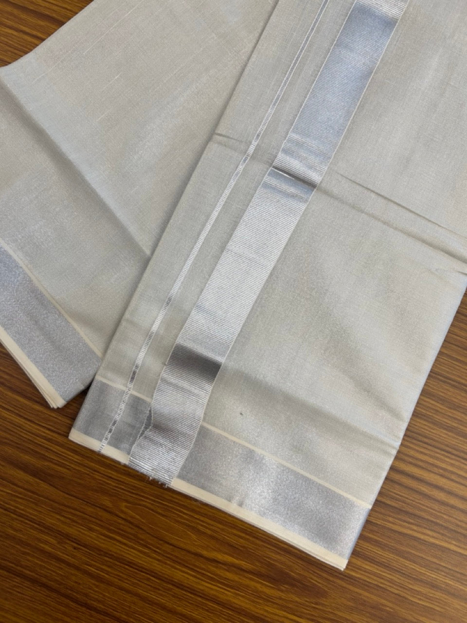 20% Discount! KaithariKada Balaramapuram Cotton Mix (60)s - Silver Kasav TISSUE Double Dhoti/Mund 1.5 inch Silver kara 4 mtr (8.5 muzham) - 18 KK5281 GAN