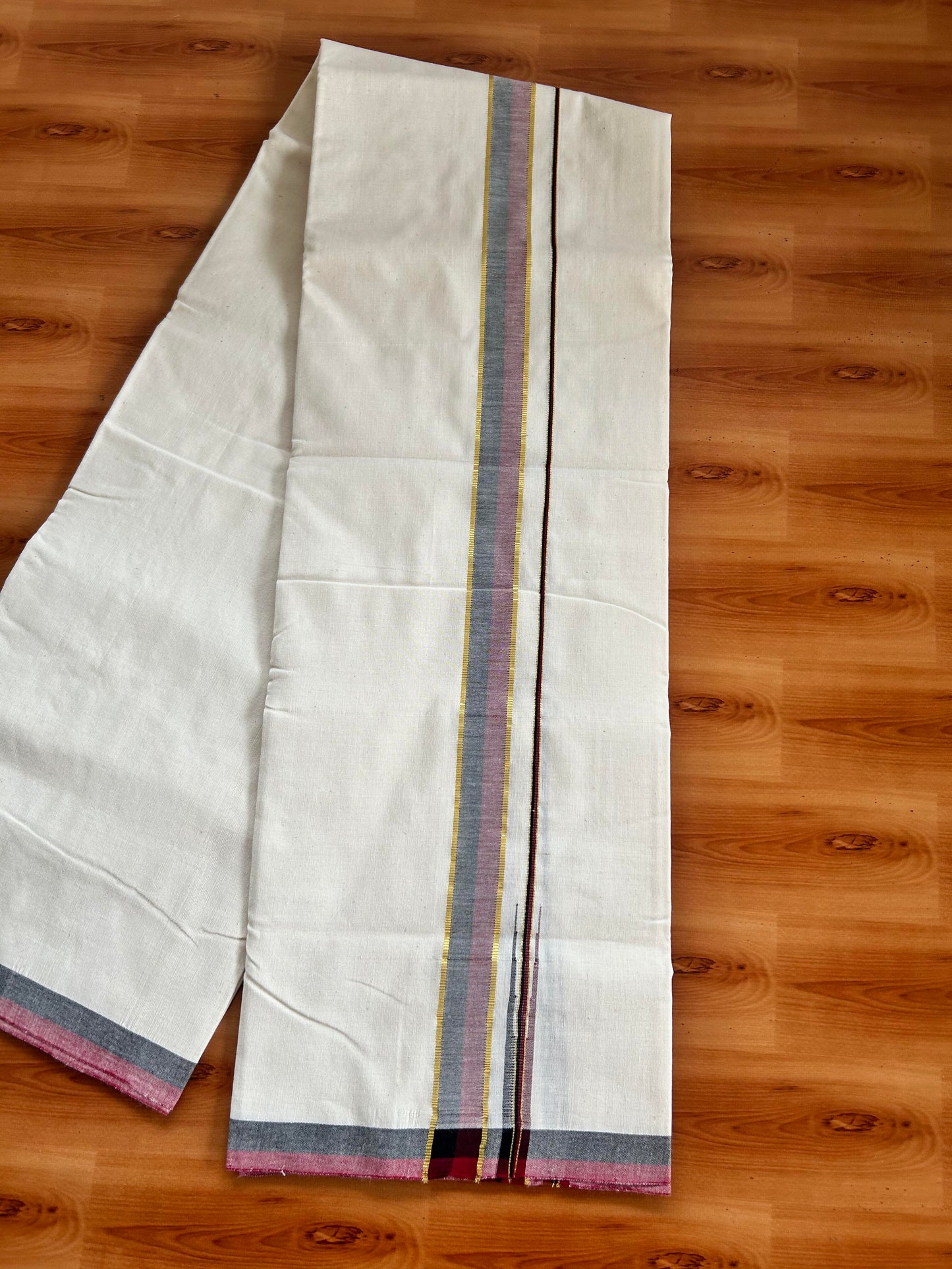 Signature Kaitharikada Exclusive Single Dhoti - 100% Cotton Kerala Handloom Single Mundu/Dhoti - Off White - (Unbleached) 1.25 Inch Gold Kasav Maroon & Black Shaded Chutty Kara (1.84 meters / 3.94 muzham) - 2 KK5464 KAI