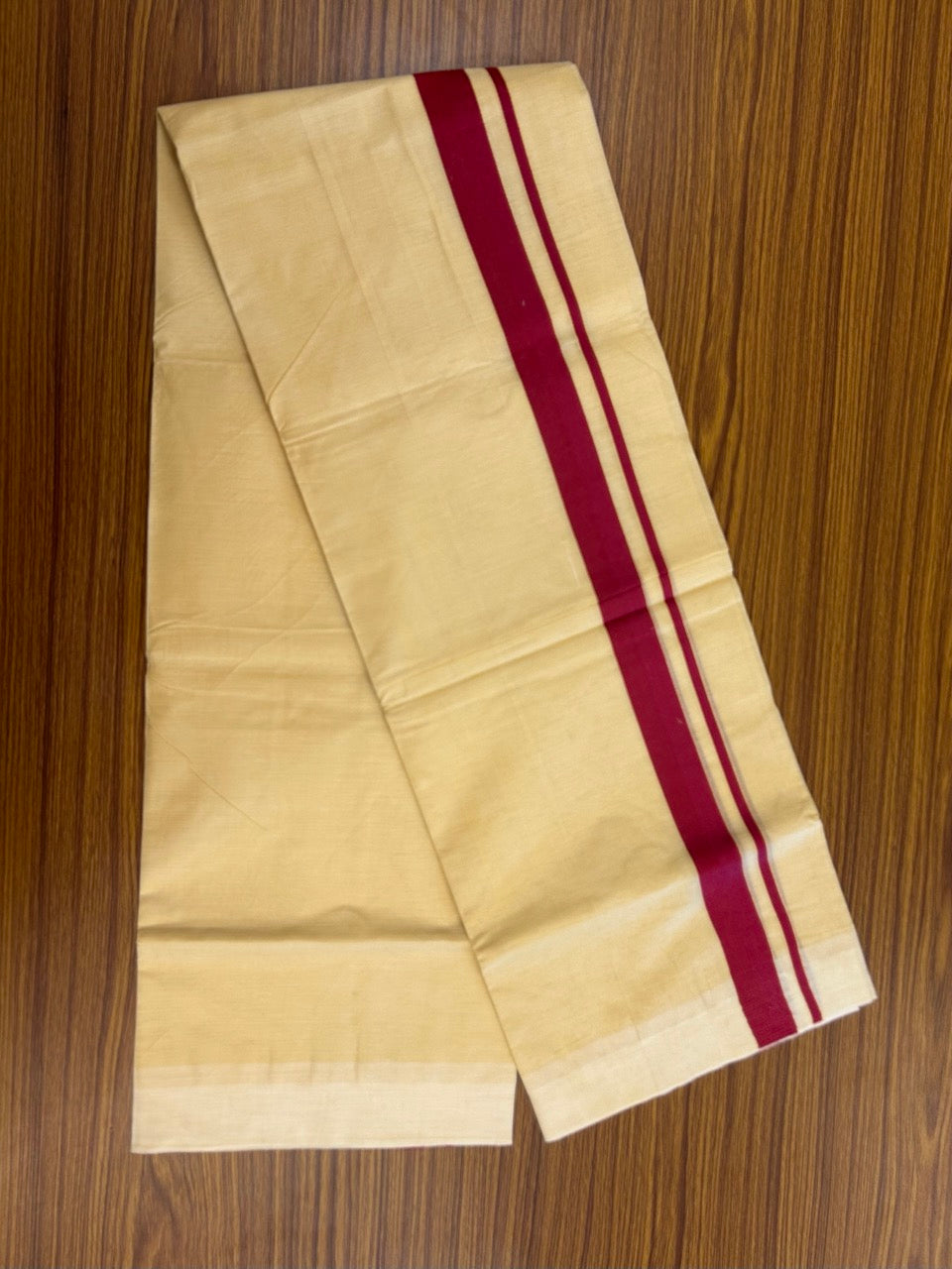 Kannur Yellow Dhoti - 20% Discount! KaithariKada Balaramapuram  Double Mundu/Dhoti - Pure Cotton - 80x90 - Kannur Yellow colour Body 1.25 Inch Maroon kara - 4 mtr - 2 KK5281 GAN