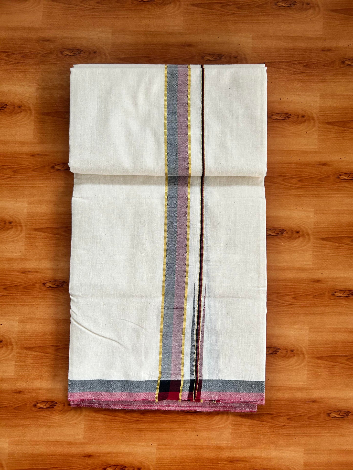Signature Kaitharikada Exclusive Single Dhoti - 100% Cotton Kerala Handloom Single Mundu/Dhoti - Off White - (Unbleached) 1.25 Inch Gold Kasav Maroon & Black Shaded Chutty Kara (1.84 meters / 3.94 muzham) - 2 KK5464 KAI