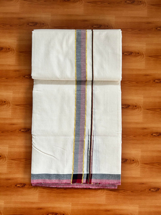 Signature Kaitharikada Exclusive Single Dhoti - 100% Cotton Kerala Handloom Single Mundu/Dhoti - Off White - (Unbleached) 1.25 Inch Gold Kasav Maroon & Black Shaded Chutty Kara (1.84 meters / 3.94 muzham) - 2 KK5464 KAI
