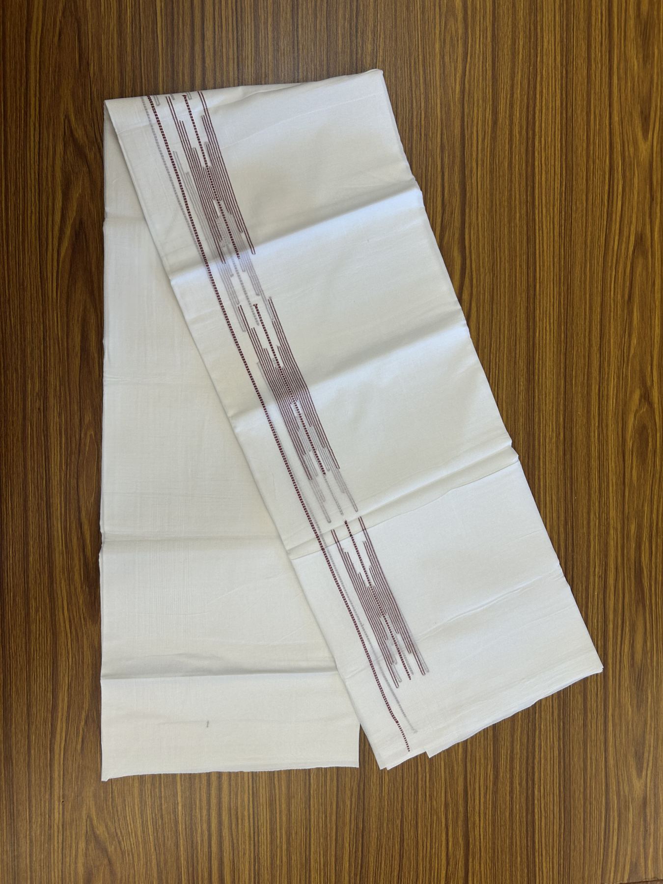 20% Discount ! Kaitharikada Balaramapuram 100% Cotton Pure White Double Mundu/Dothi - 100x80 - 1.5 inch Light Maroon Stripes Design Kara 3.80 mtr (8 muzham) - 29 KK5319 THI