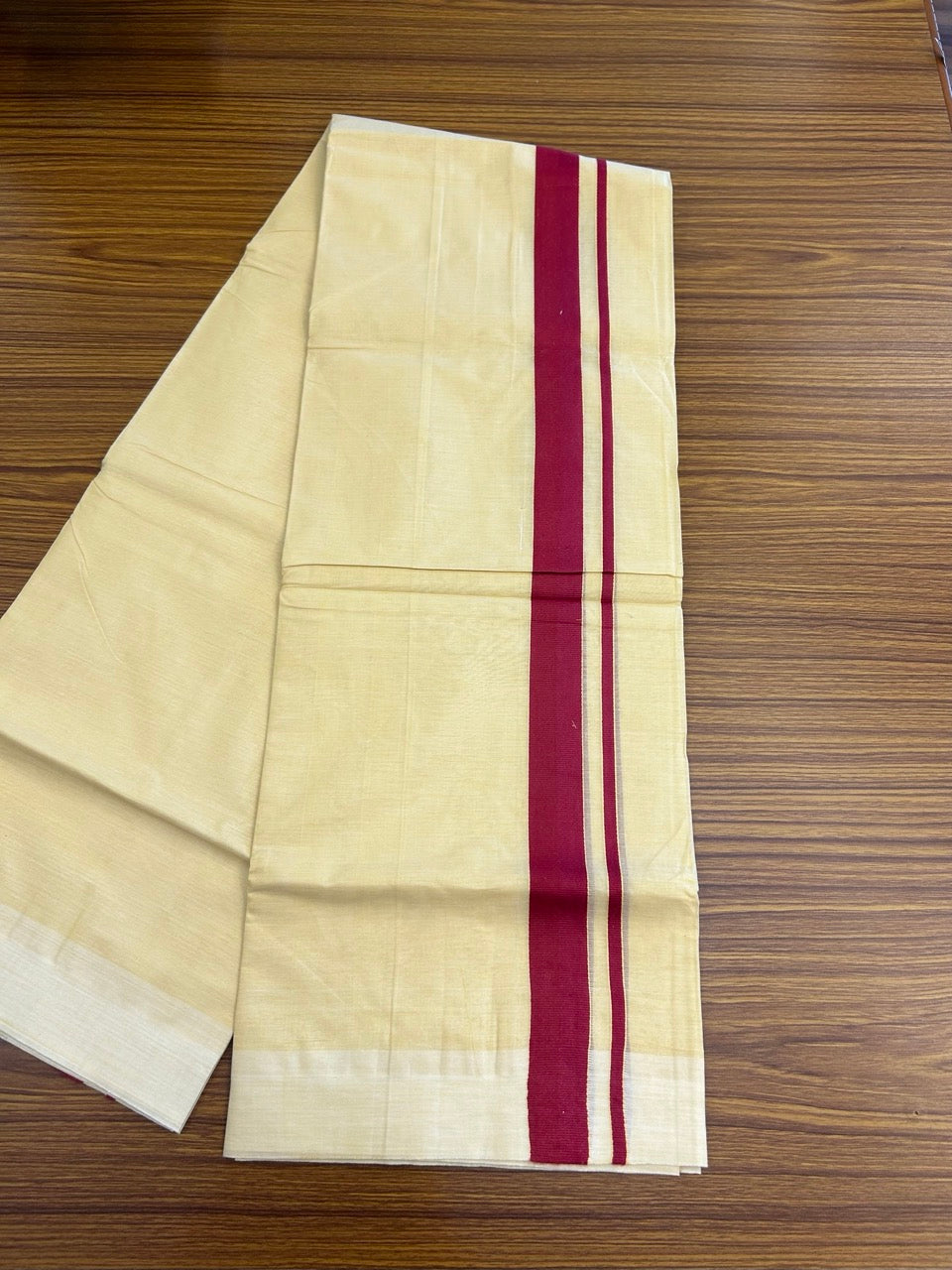 Kannur Yellow Dhoti - 20% Discount! KaithariKada Balaramapuram  Double Mundu/Dhoti - Pure Cotton - 80x90 - Kannur Yellow colour Body 1.25 Inch Maroon kara - 4 mtr - 2 KK5281 GAN