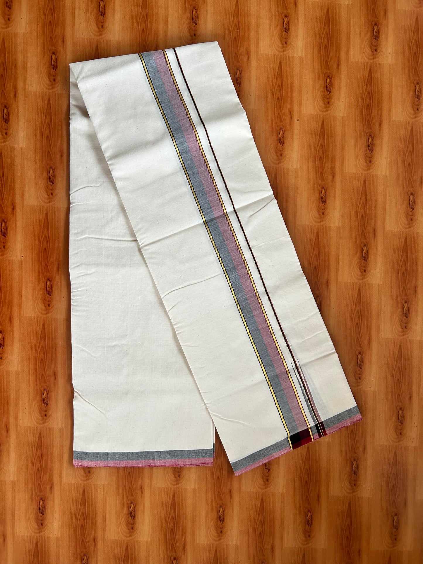 Signature Kaitharikada Exclusive Single Dhoti - 100% Cotton Kerala Handloom Single Mundu/Dhoti - Off White - (Unbleached) 1.5 Inch Gold Kasav Maroon & Black Shaded Chutty Kara (1.84 meters / 3.94 muzham) - 3 KK5464 KAI