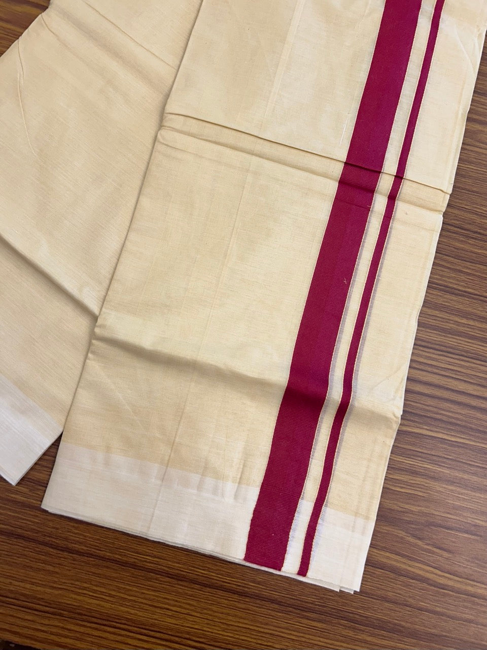 Kannur Yellow Dhoti - 20% Discount! KaithariKada Balaramapuram  Double Mundu/Dhoti - Pure Cotton - 80x90 - Kannur Yellow colour Body 1.25 Inch Maroon kara - 4 mtr - 2 KK5281 GAN
