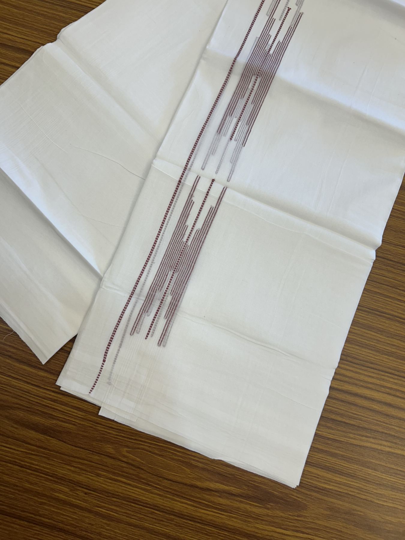 20% Discount ! Kaitharikada Balaramapuram 100% Cotton Pure White Double Mundu/Dothi - 100x80 - 1.5 inch Light Maroon Stripes Design Kara 3.80 mtr (8 muzham) - 29 KK5319 THI