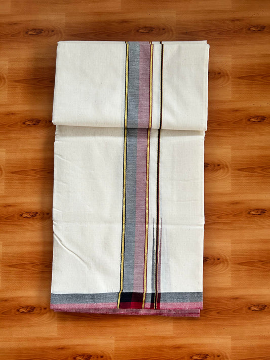 Signature Kaitharikada Exclusive Single Dhoti - 100% Cotton Kerala Handloom Single Mundu/Dhoti - Off White - (Unbleached) 1.5 Inch Gold Kasav Maroon & Black Shaded Chutty Kara (1.84 meters / 3.94 muzham) - 3 KK5464 KAI
