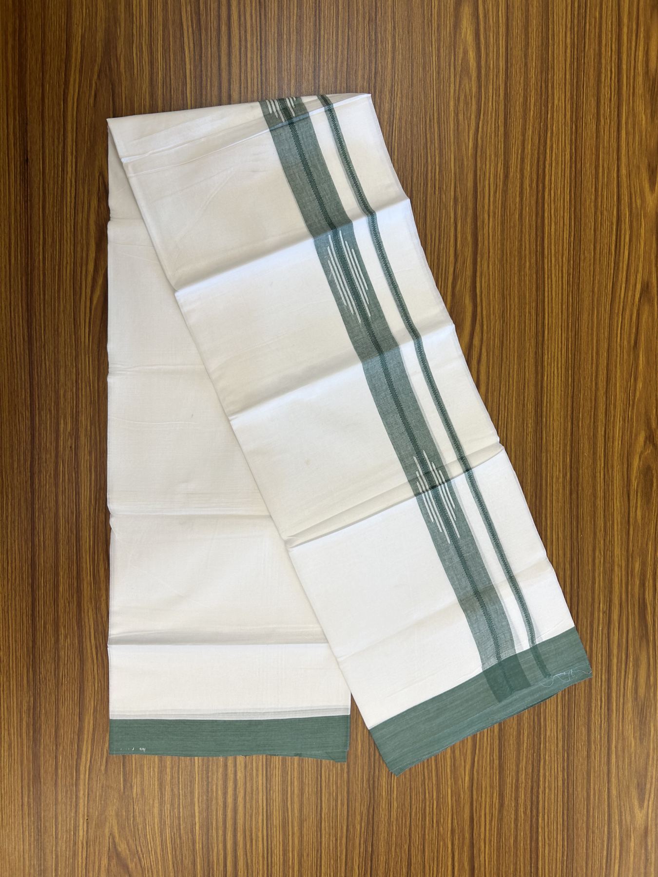20% Discount ! Kaitharikada Balaramapuram 100% Cotton Pure White Double Mundu/Dothi - 100x80 - 1.5 inch Green Stripes Design Chutty Kara 3.80 mtr (8 muzham) - 44 KK5319 THI