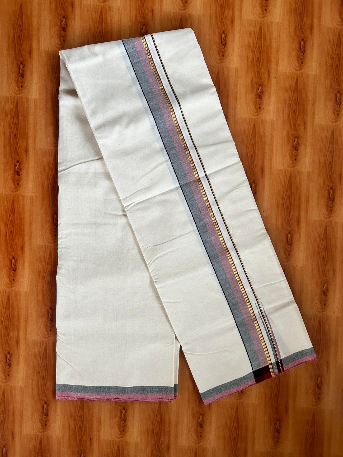 Signature Kaitharikada Exclusive Single Dhoti - 100% Cotton Kerala Handloom Single Mundu/Dhoti - Off White - (Unbleached) 1.5 Inch Gold Kasav Maroon & Black Shaded Chutty Kara (1.84 meters / 3.94 muzham) - 4 KK5464 KAI