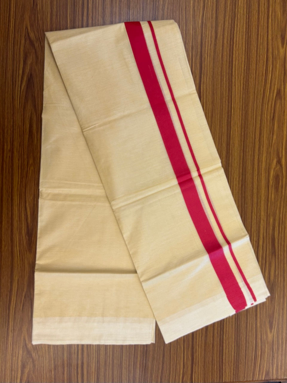Kannur Yellow Dhoti - 20% Discount! KaithariKada Balaramapuram  Double Mundu/Dhoti - Pure Cotton - 80x90 - Kannur Yellow colour Body 1.25 Inch Red kara - 4 mtr - 1 KK5281 GAN