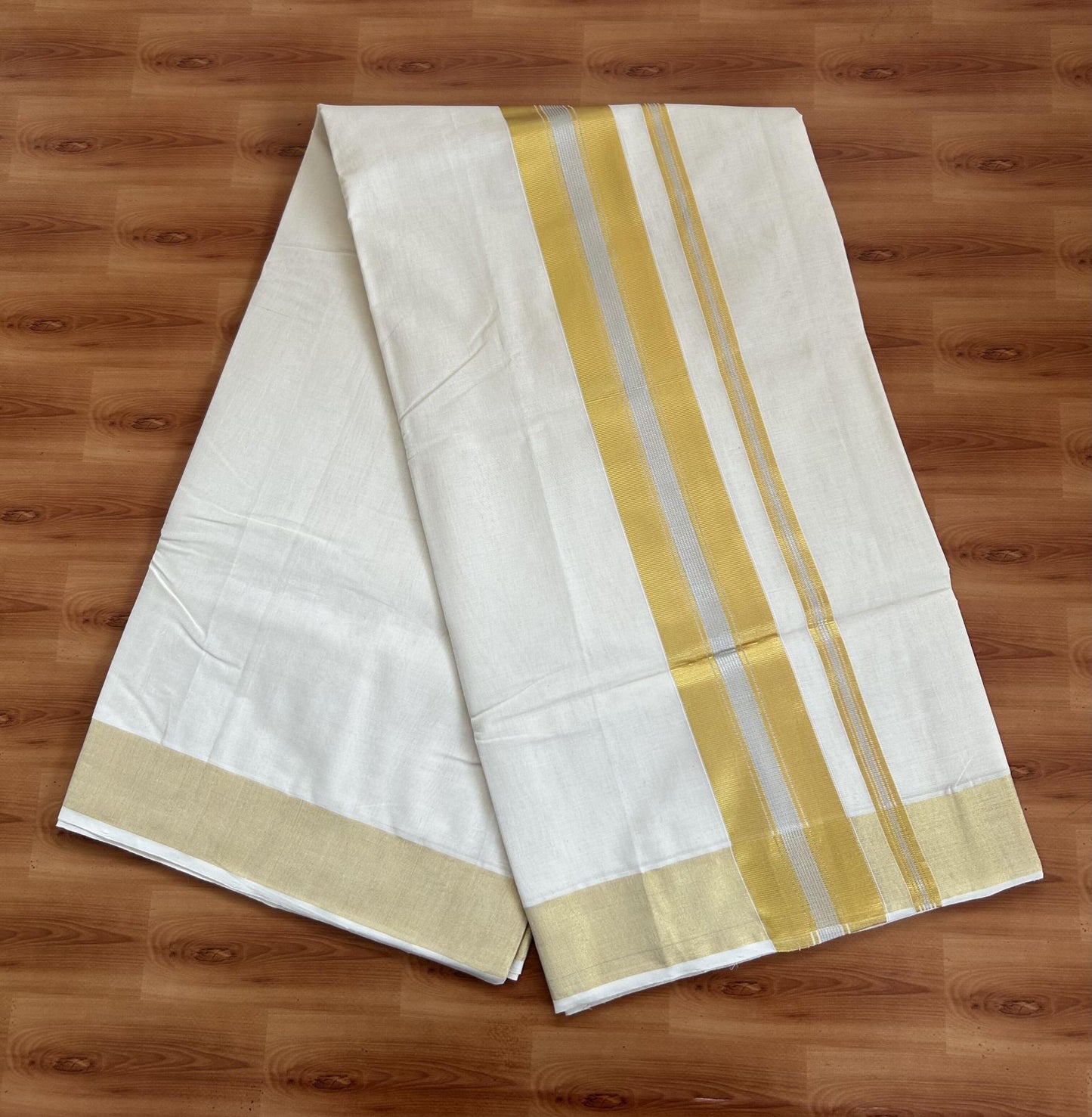 Kerala Saree for Women - 25% Discount KaithariKada Handloom Millpaav Balaramapuram - 100% Pure Cotton - 3 inch Gold & Silver Kasav striped Kara - 12 KK7158 RAV