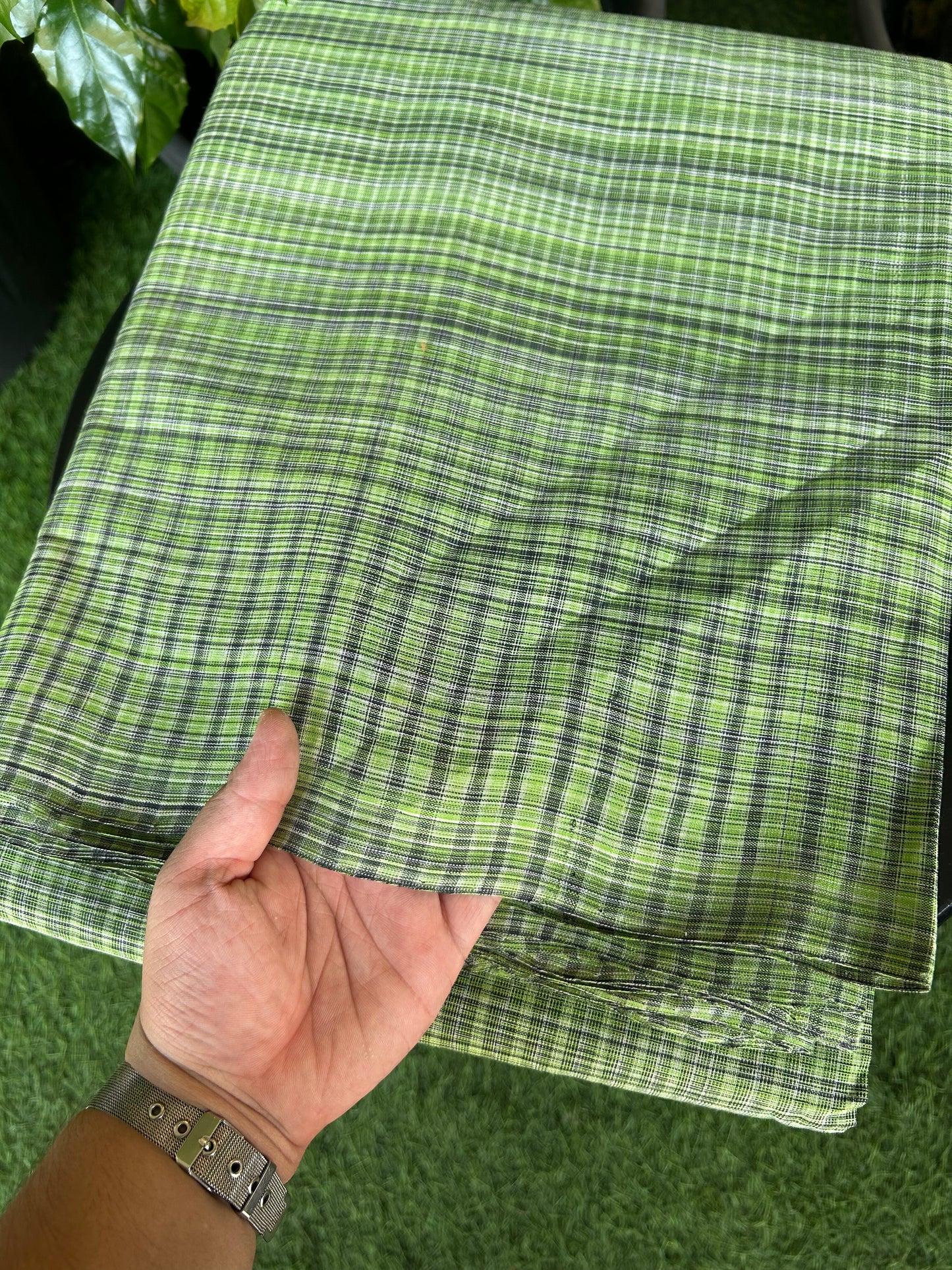 Handloom Khadi - Original Kerala Cotton Material - Kaitharikada Exclusive Product - Parrot Green & Black colour Shirt Material 2.5x1.27(m) (₹ 649 per meter) - 4 KK7011 ELA