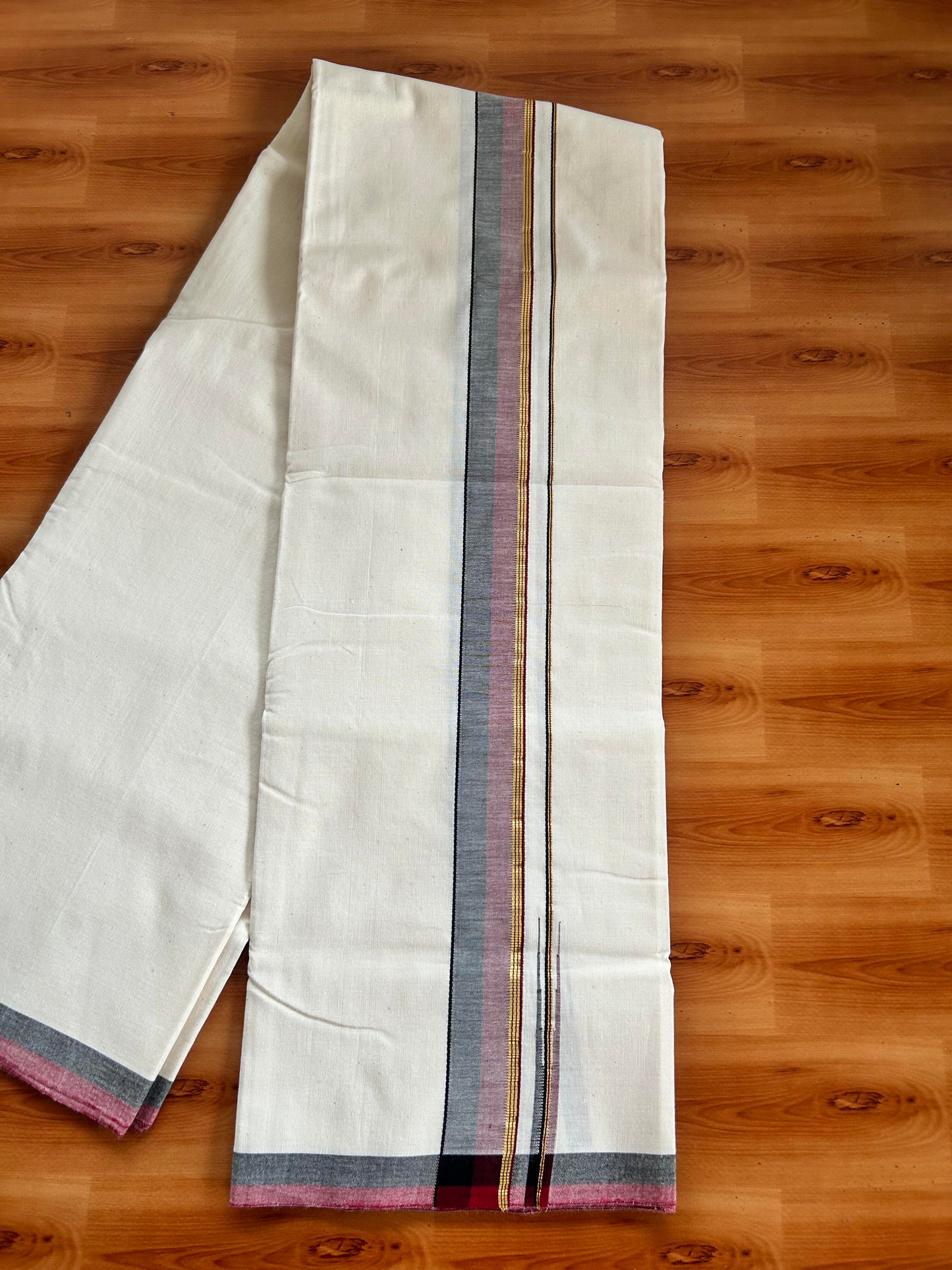 Signature Kaitharikada Exclusive Single Dhoti - 100% Cotton Kerala Handloom Single Mundu/Dhoti - Off White - (Unbleached) 1.5 Inch Gold Kasav Maroon & Black Shaded Chutty Kara (1.84 meters / 3.94 muzham) - 4 KK5464 KAI