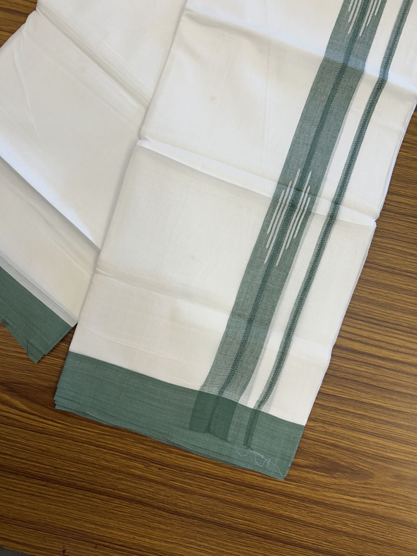 20% Discount ! Kaitharikada Balaramapuram 100% Cotton Pure White Double Mundu/Dothi - 100x80 - 1.5 inch Green Stripes Design Chutty Kara 3.80 mtr (8 muzham) - 44 KK5319 THI