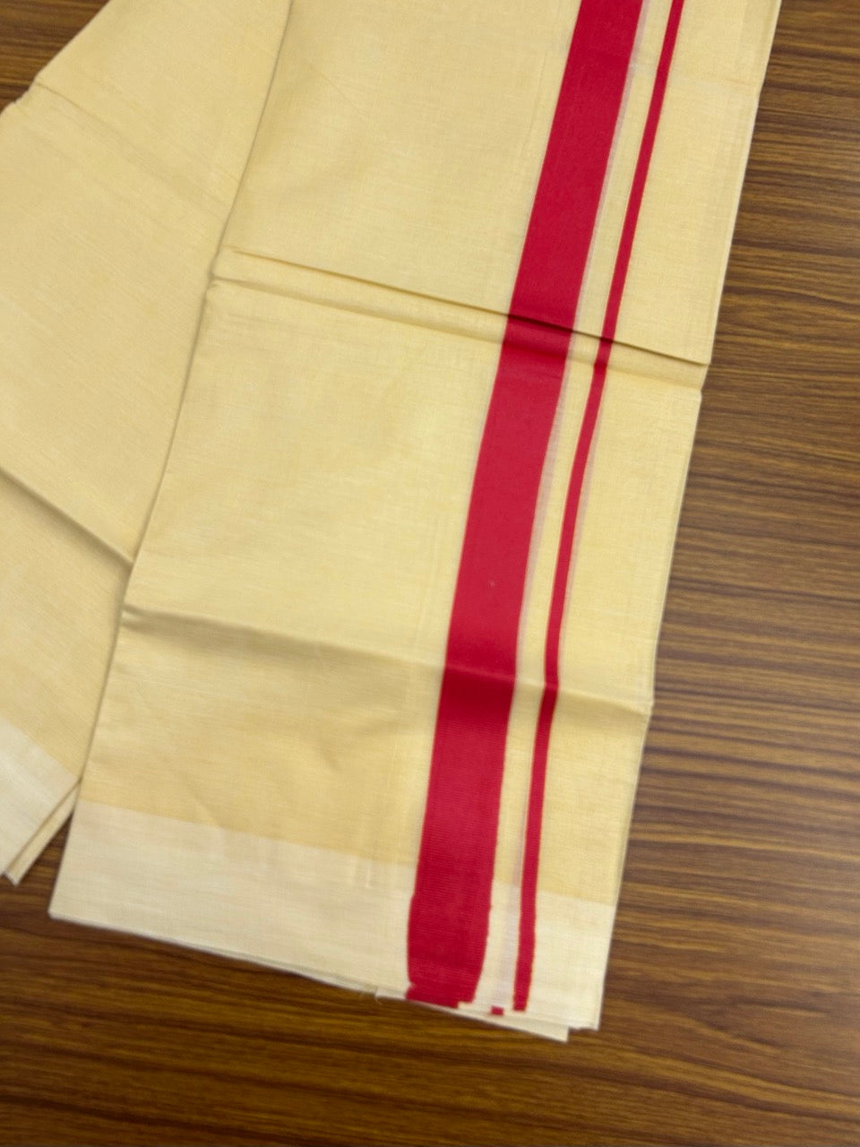 Kannur Yellow Dhoti - 20% Discount! KaithariKada Balaramapuram  Double Mundu/Dhoti - Pure Cotton - 80x90 - Kannur Yellow colour Body 1.25 Inch Red kara - 4 mtr - 1 KK5281 GAN