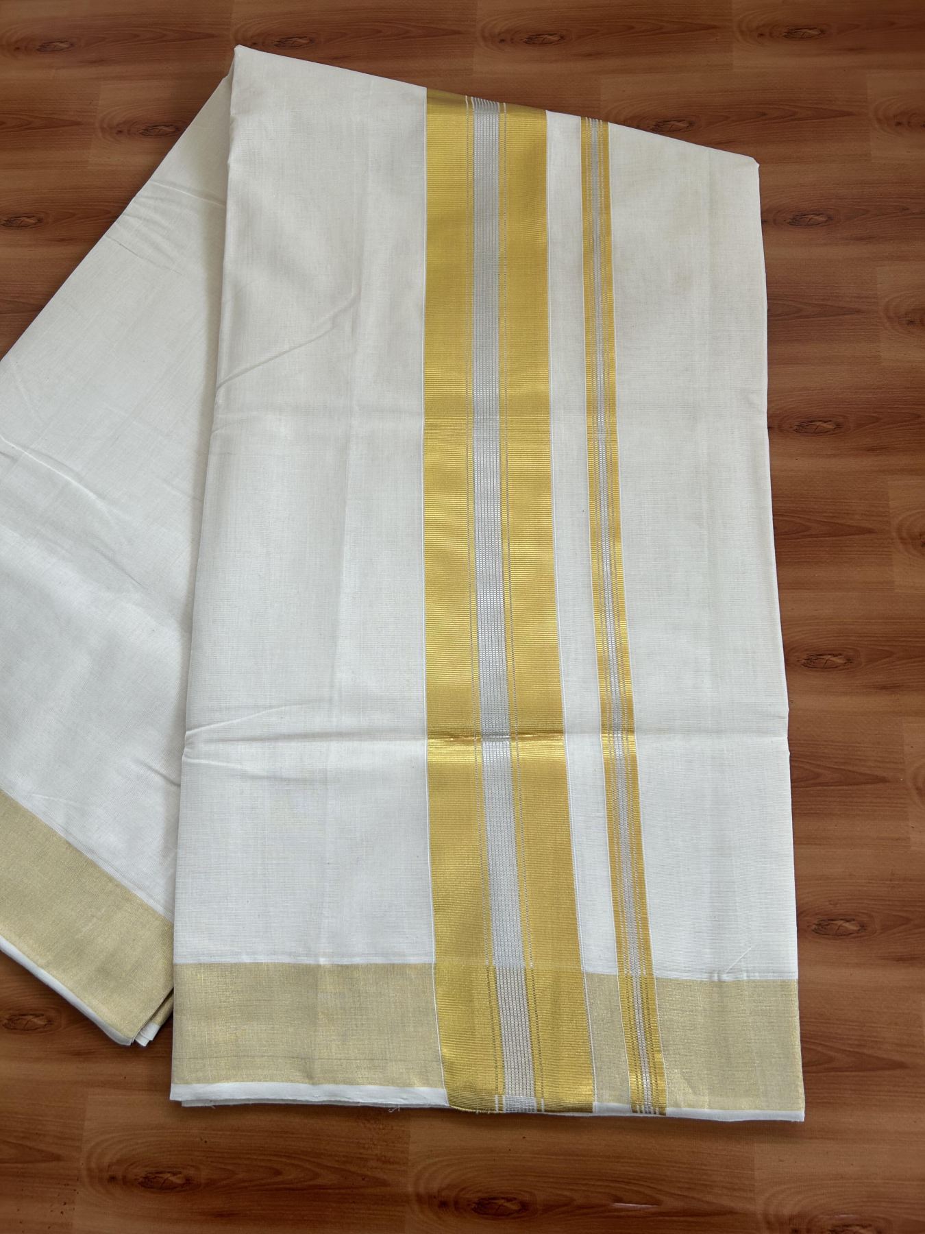 Kerala Saree for Women - 25% Discount KaithariKada Handloom Millpaav Balaramapuram - 100% Pure Cotton - 3 inch Gold & Silver Kasav striped Kara - 12 KK7158 RAV