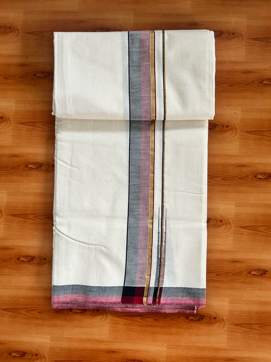 Signature Kaitharikada Exclusive Single Dhoti - 100% Cotton Kerala Handloom Single Mundu/Dhoti - Off White - (Unbleached) 1.5 Inch Gold Kasav Maroon & Black Shaded Chutty Kara (1.84 meters / 3.94 muzham) - 4 KK5464 KAI