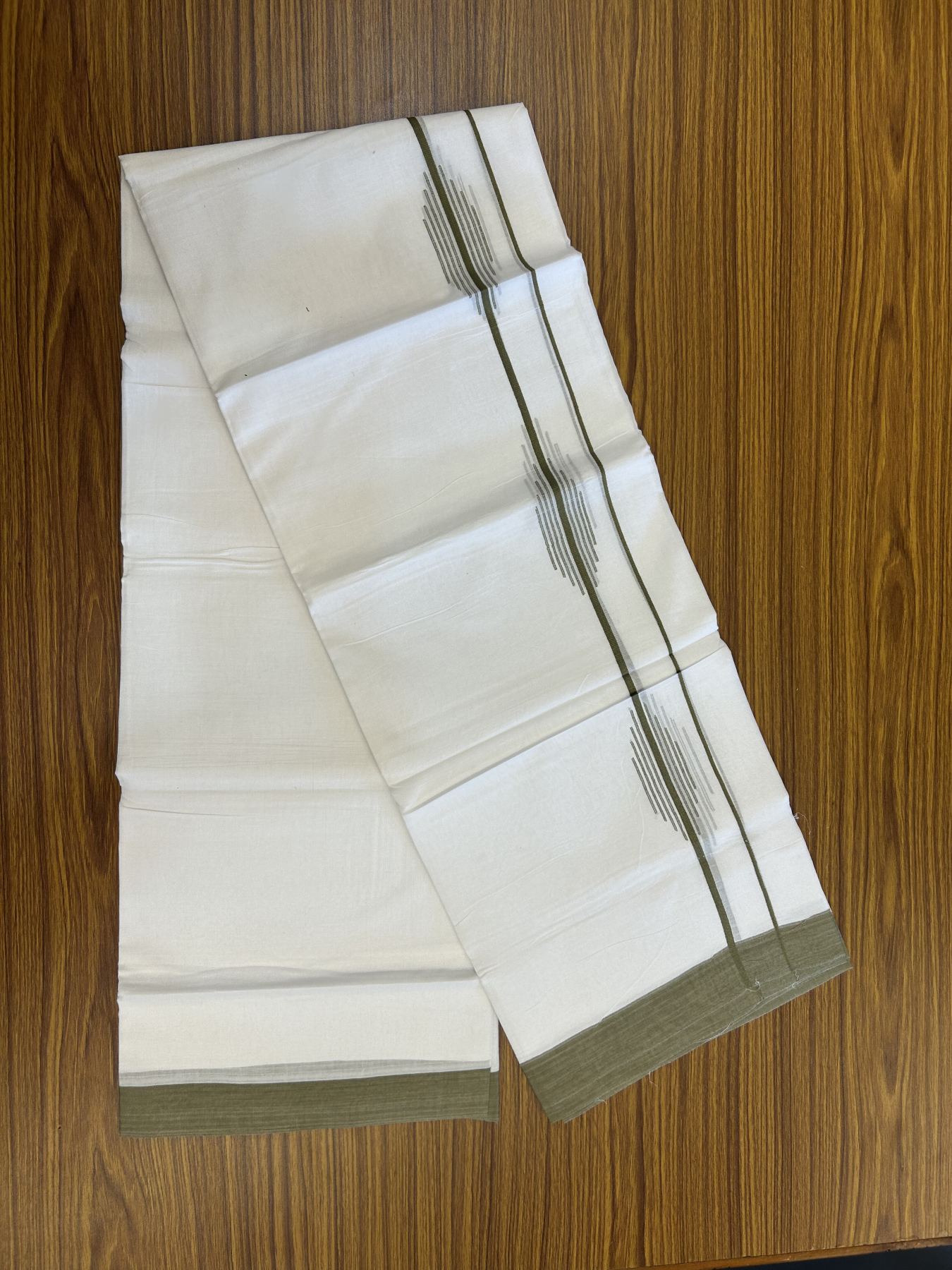 20% Discount ! Kaitharikada Balaramapuram 100% Cotton Pure White Double Mundu/Dothi - 100x80 - 1.5 inch Olive Green Stripes Design Kara 3.80 mtr (8 muzham) - 28 KK5319 THI