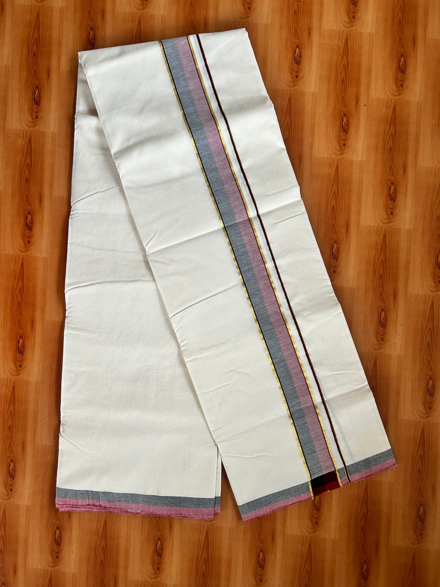 Signature Kaitharikada Exclusive Single Dhoti - 100% Cotton Kerala Handloom Single Mundu/Dhoti - Off White - (Unbleached) 1.75 Inch Gold Kasav Maroon & Black Shaded Kara (1.84 meters / 3.94 muzham) - 5 KK5464 KAI