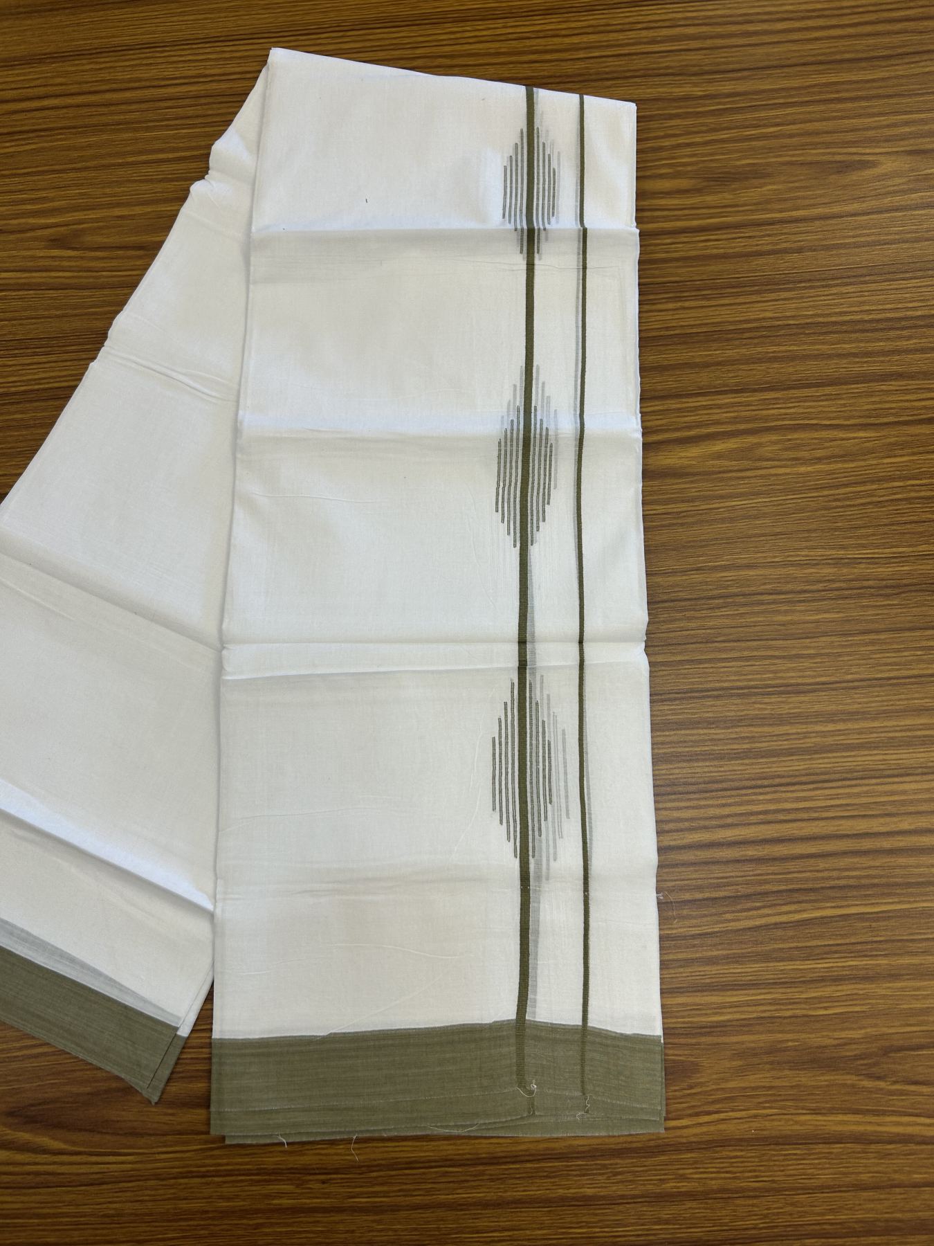 20% Discount ! Kaitharikada Balaramapuram 100% Cotton Pure White Double Mundu/Dothi - 100x80 - 1.5 inch Olive Green Stripes Design Kara 3.80 mtr (8 muzham) - 28 KK5319 THI