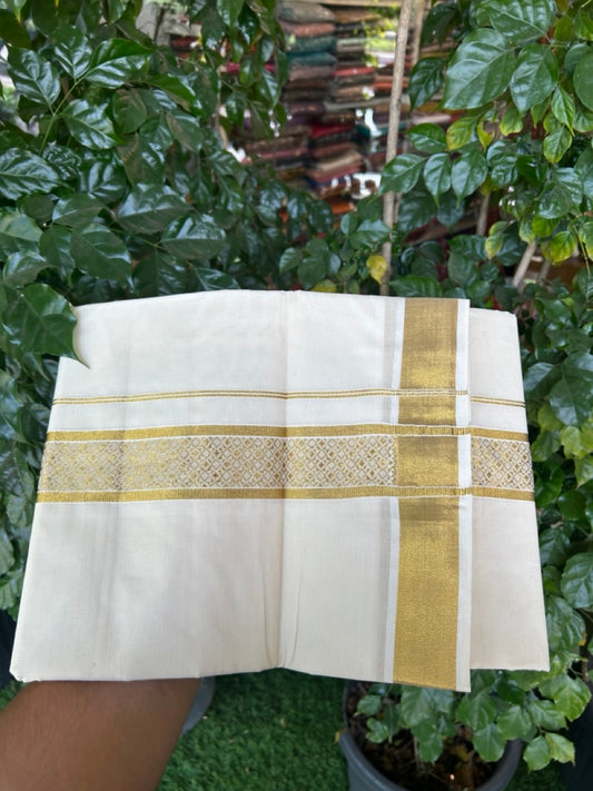 KaithariKada Balaramapuram Pure Cotton DOUBLE OFF WHITE - (Ubleached) Mundu/Dhoti - 60s - 1.75 inch Gold Kasav Jacquard Design Kara 4 mtr (8.5 muzham) - 16 KK5281 GAN