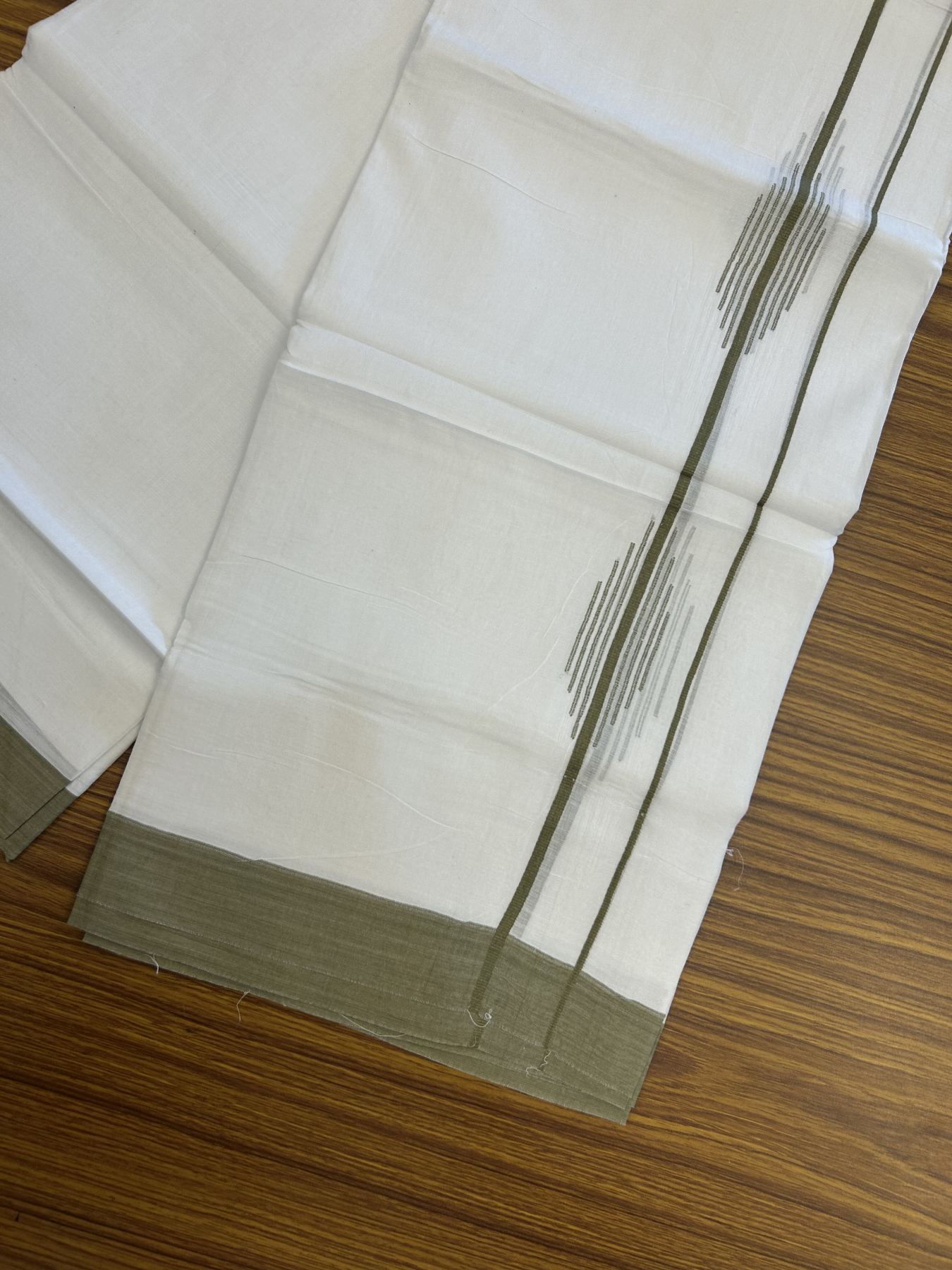 20% Discount ! Kaitharikada Balaramapuram 100% Cotton Pure White Double Mundu/Dothi - 100x80 - 1.5 inch Olive Green Stripes Design Kara 3.80 mtr (8 muzham) - 28 KK5319 THI