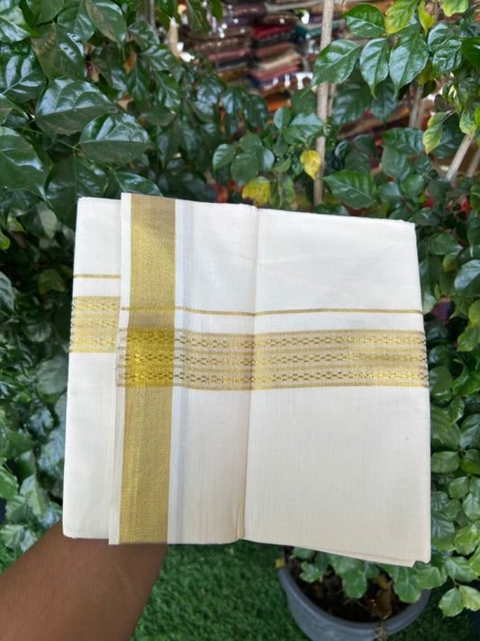 20% DISCOUNT!! KaithariKada Balaramapuram Pure Cotton DOUBLE OFF WHITE - (Ubleached) Mundu/Dhoti - 60s - 1.5 inch Gold Kasav Jacquard Design Kara 4 mtr (8.5 muzham) - 8 KK5281 GAN