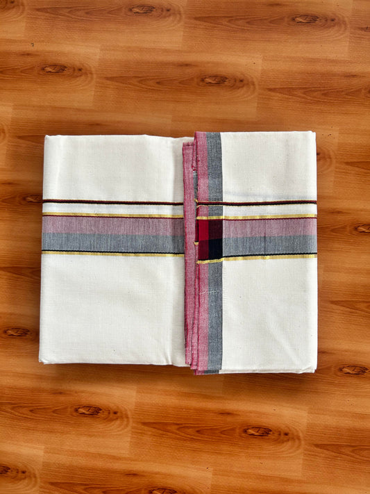 Signature Kaitharikada Exclusive Single Dhoti - 100% Cotton Kerala Handloom Single Mundu/Dhoti - Off White - (Unbleached) 1.75 Inch Gold Kasav Maroon & Black Shaded Kara (1.84 meters / 3.94 muzham) - 5 KK5464 KAI