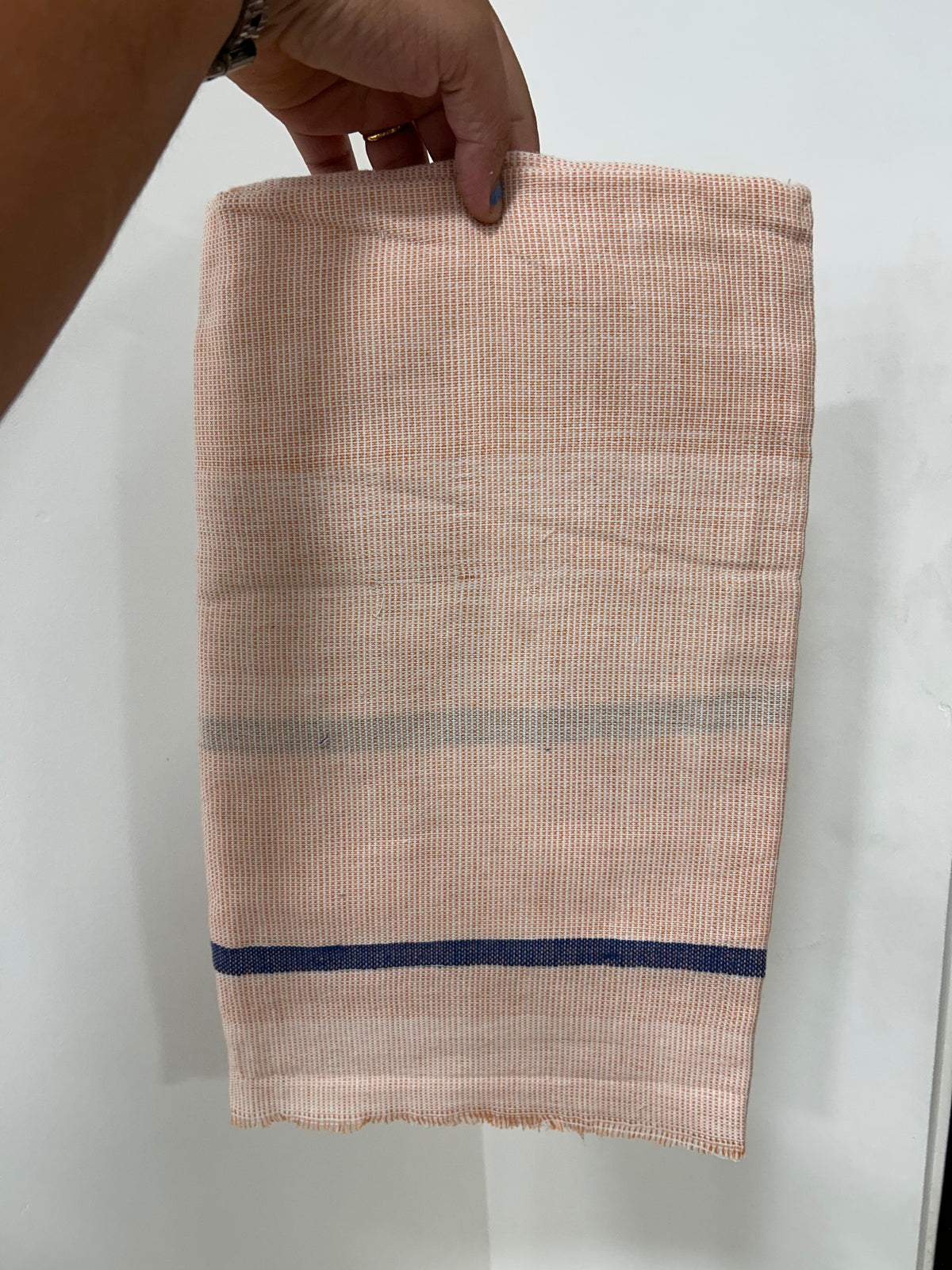 Kaitharikada - Handloom Pure Cotton Kerala Towel - Thorthu - (20x20s) - Pale Orange White Body & Blue Kara - 7 KK10001 KAL