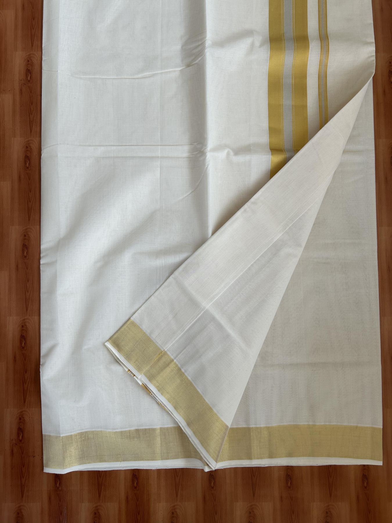 Kerala Saree for Women - 25% Discount KaithariKada Handloom Millpaav Balaramapuram - 100% Pure Cotton - 3 inch Gold & Silver Kasav striped Kara - 12 KK7158 RAV