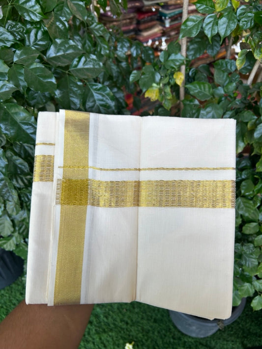 KaithariKada Balaramapuram Pure Cotton DOUBLE OFF WHITE - (Ubleached) Mundu/Dhoti - 60s - 1.5 inch Gold Kasav Jacquard Design Kara 4 mtr (8.5 muzham) - 12 KK5281 GAN