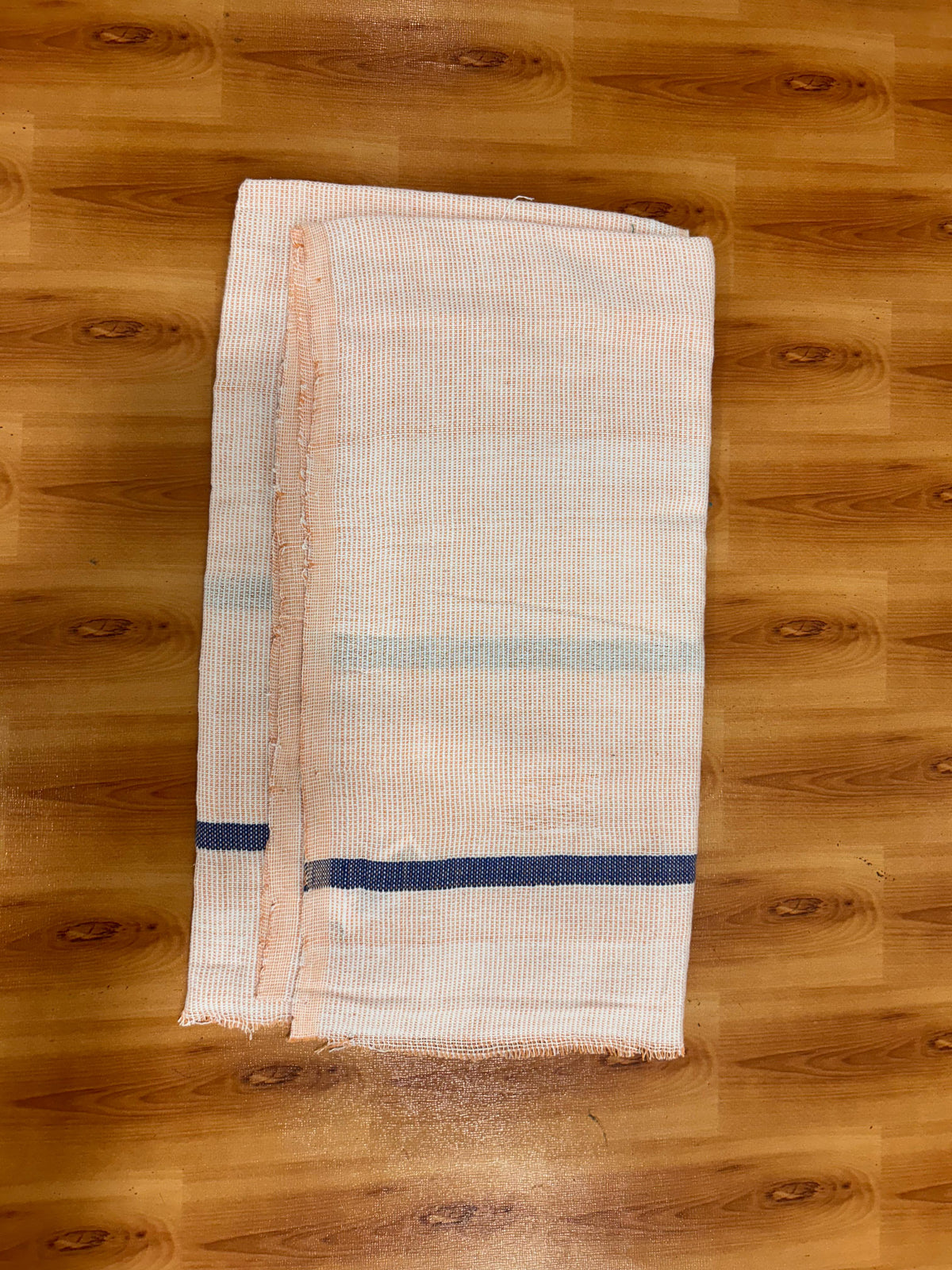 Kaitharikada - Handloom Pure Cotton Kerala Towel - Thorthu - (20x20s) - Pale Orange White Body & Blue Kara - 7 KK10001 KAL