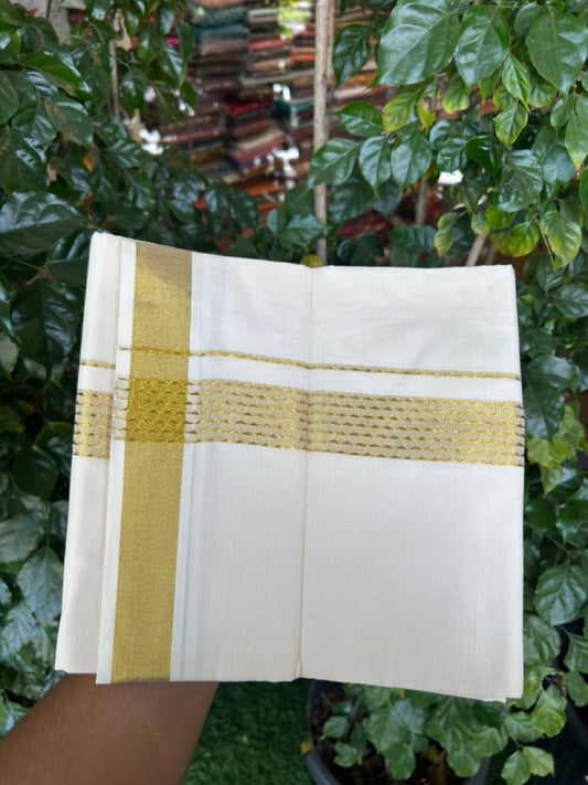 KaithariKada Balaramapuram Pure Cotton DOUBLE OFF WHITE - (Ubleached) Mundu/Dhoti - 60s - 1.5 inch Gold Kasav Jacquard Design Kara 4 mtr (8.5 muzham) - 9 KK5281 GAN